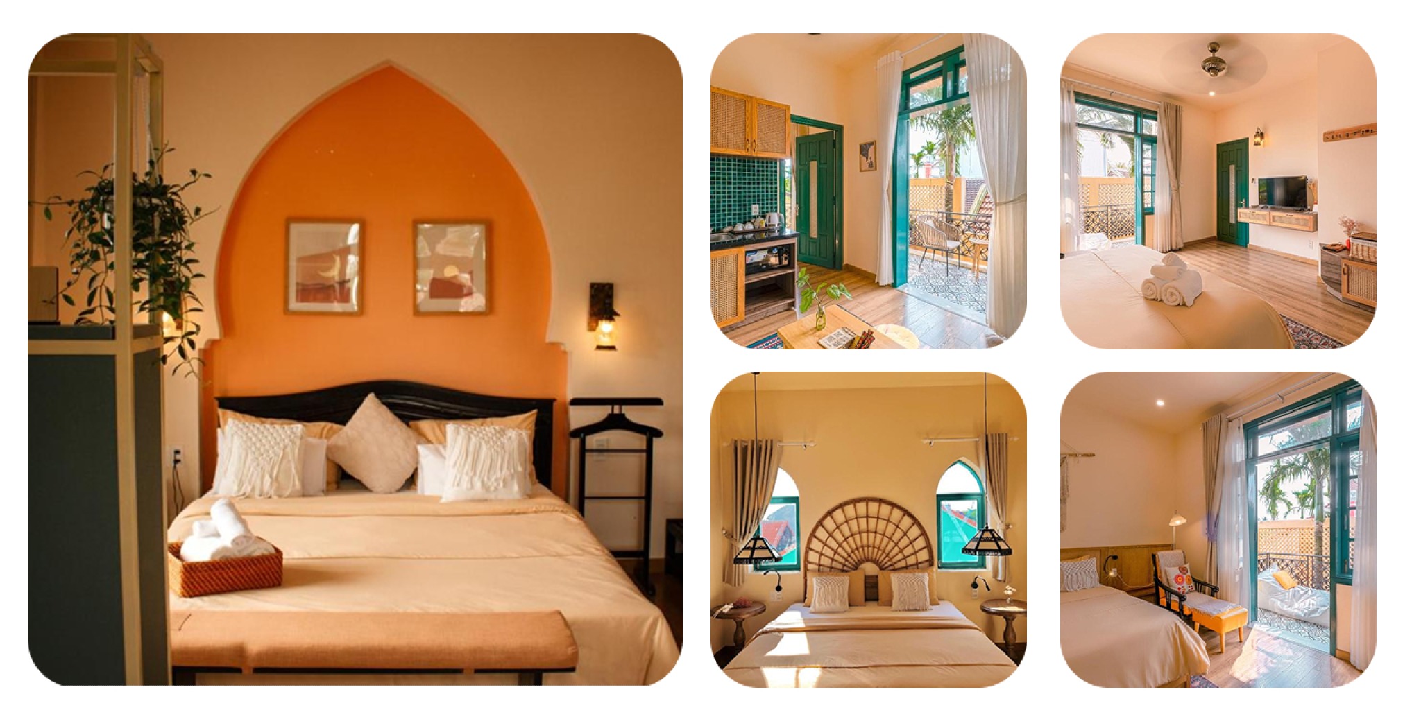 Các căn phòng tông màu cát ấm áp với cửa vòm và ban công ngập nắng, thể hiện phong cách Maroc đặc trưng của Alsahar Hội An