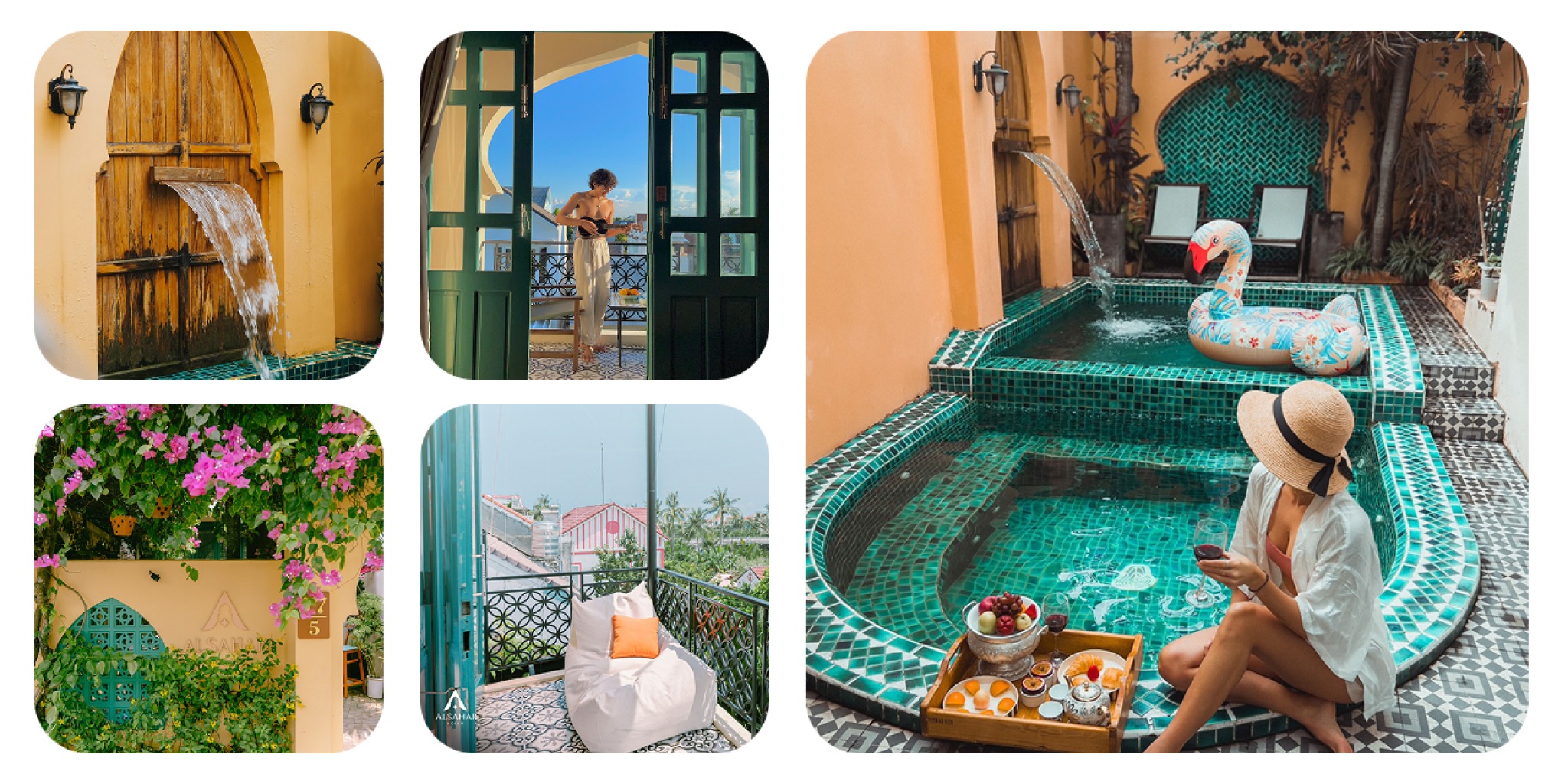 Không gian ban công, hồ bơi lát gạch họa tiết và thác nước tạo nên ốc đảo mang đậm dấu ấn Maroc tại villa Alsahar Hội An.