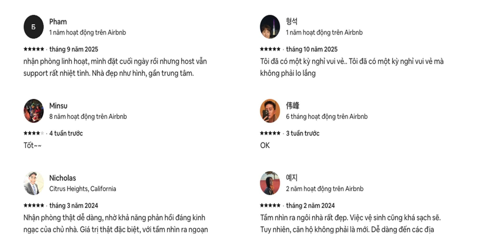 Đánh giá 5 sao về chất lượng dịch vụ An Corner trên Airbnb, khen ngợi host nhiệt tình, nhà đẹp và vị trí trung tâm.