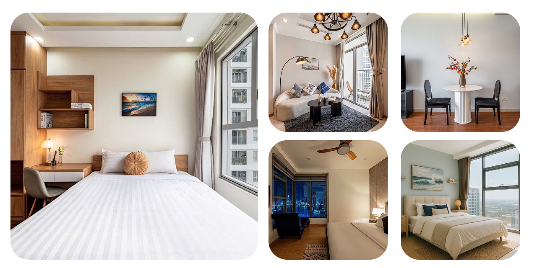 Căn hộ An Corner thiết kế Japandi hiện đại, phòng ngủ ấm cúng và phòng khách view Sài Gòn.