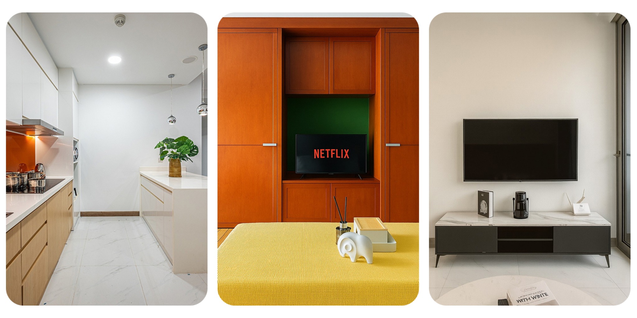 Tiện ích căn hộ An Corner: bếp hiện đại đầy đủ dụng cụ, TV thông minh có Netflix và khu vực giải trí.
