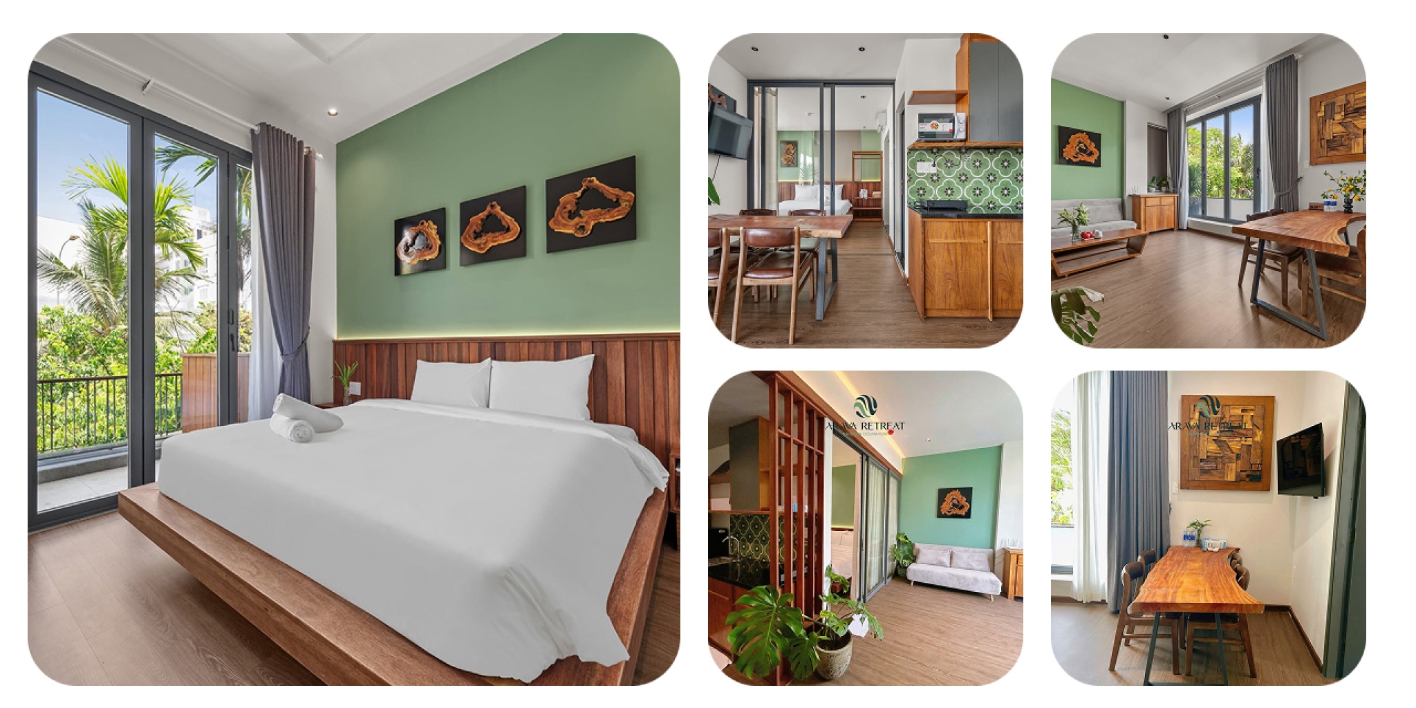 Listing căn hộ Arava Retreat Đ&agrave; Nẵng với ph&ograve;ng ngủ giường đ&ocirc;i rộng r&atilde;i, ban c&ocirc;ng nhiều &aacute;nh s&aacute;ng, ph&ograve;ng kh&aacute;ch, bếp đầy đủ tiện nghi v&agrave; khu vực ăn uống hiện đại, ph&ugrave; hợp cho kỳ nghỉ hoặc c&ocirc;ng t&aacute;c