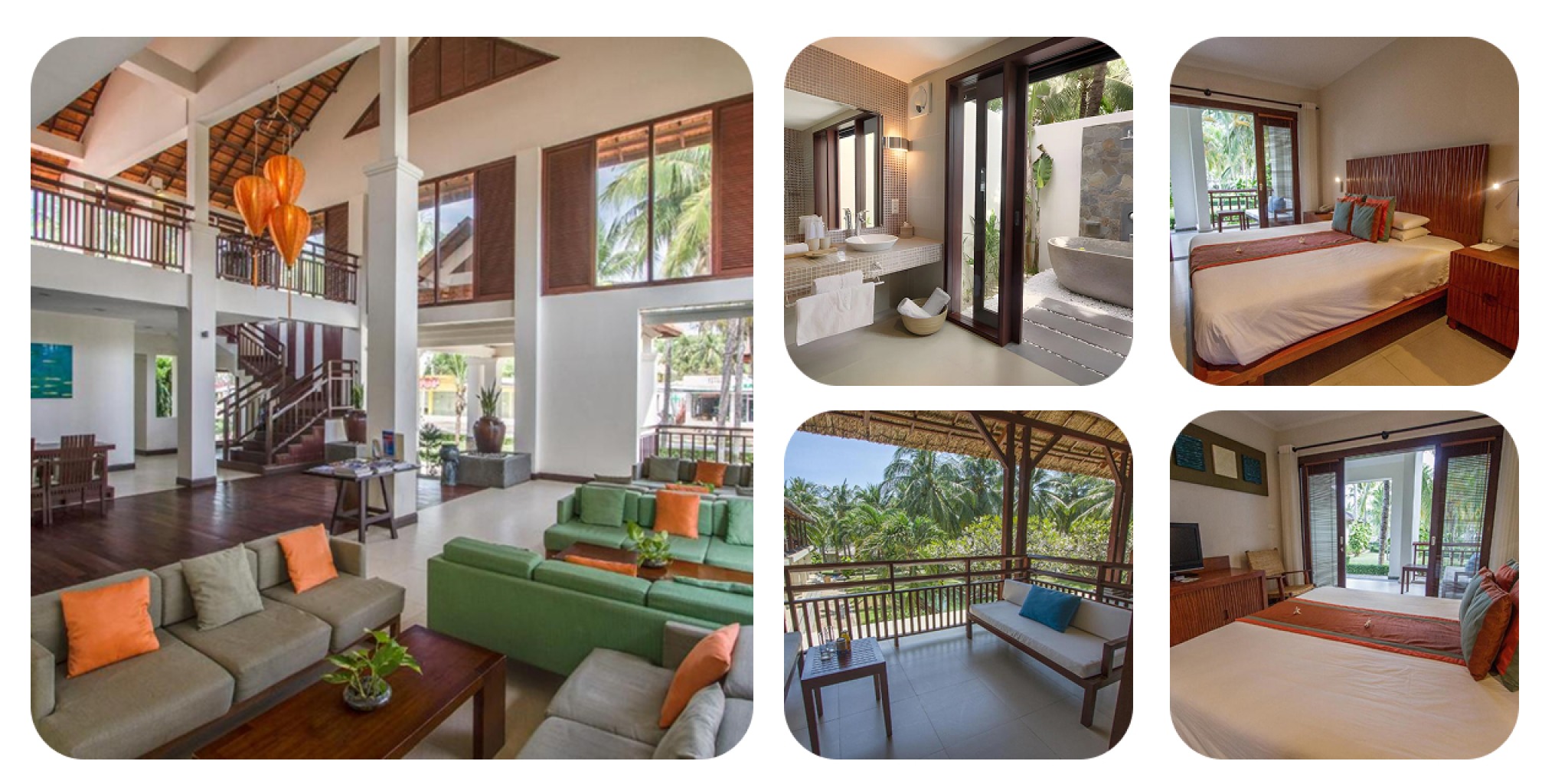 Nội thất ph&ograve;ng v&agrave; khu vực lobby Blue Ocean Resort với trần cao, gỗ tự nhi&ecirc;n, gam m&agrave;u trắng &ndash; n&acirc;u &ndash; xanh v&agrave; điểm nhấn gối m&agrave;u cam, xanh teal