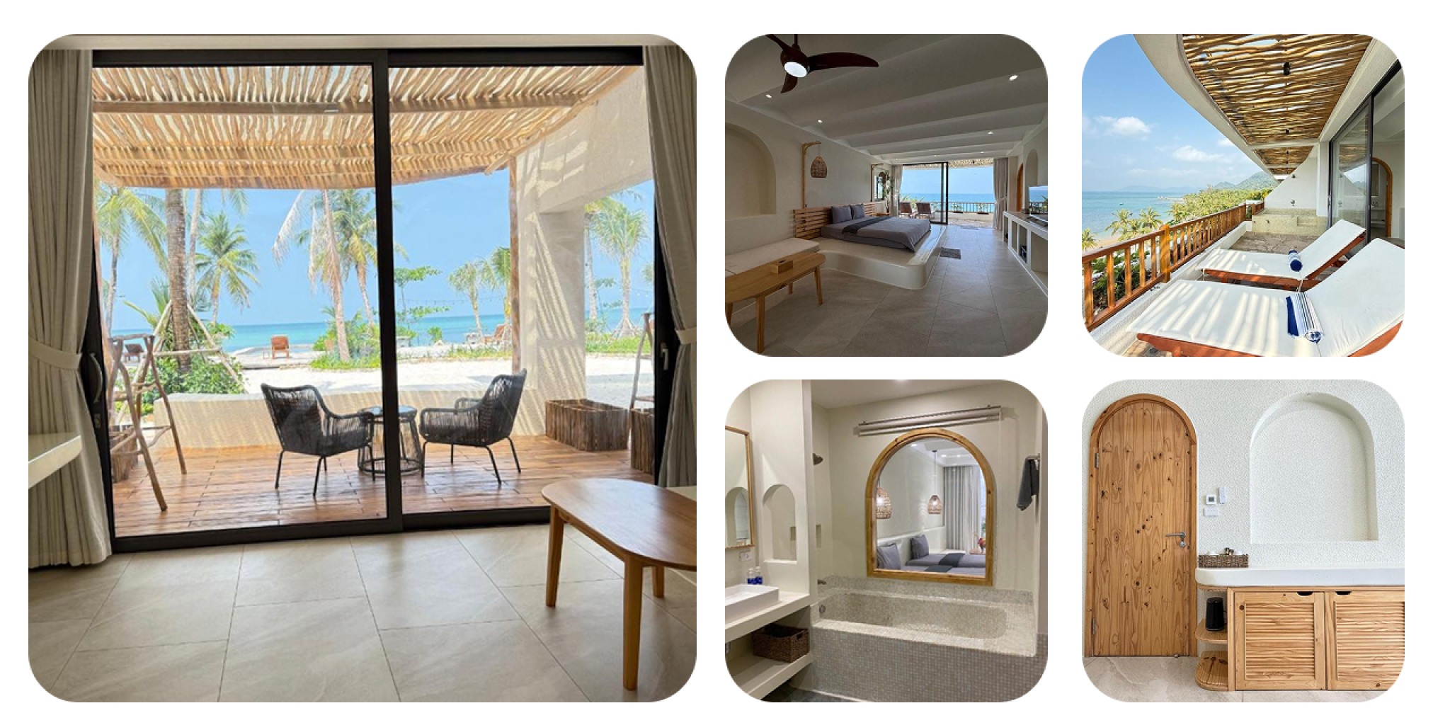 Không gian nội thất Casa D’ Elysea mang phong cách Địa Trung Hải kết hợp Nhiệt đới, nổi bật với tông trắng sáng và vật liệu tự nhiên gỗ, mây, tre.