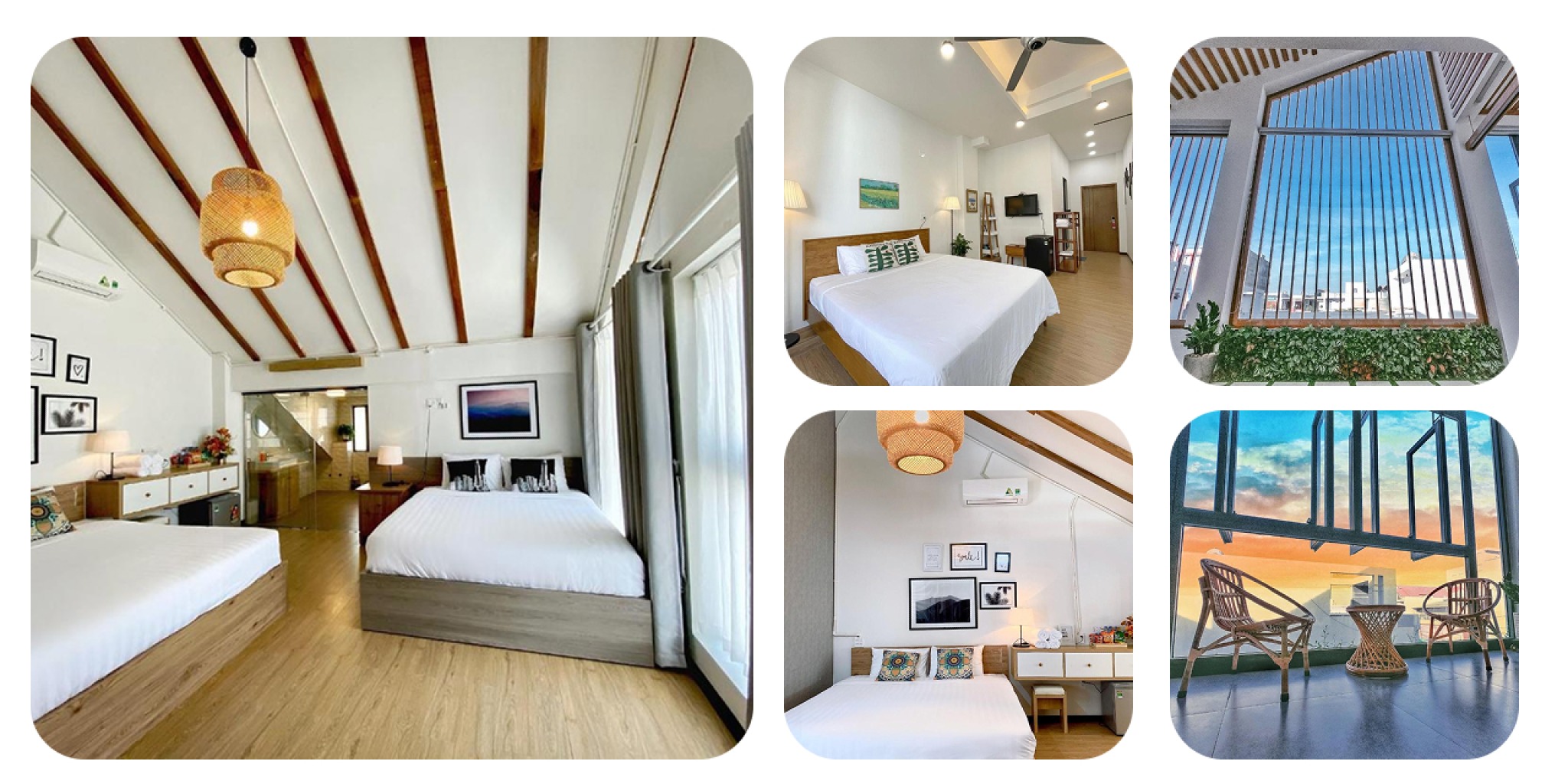 Căn ph&ograve;ng homestay Daisy House Tuy H&ograve;a với thiết kế trần cao kiểu g&aacute;c m&aacute;i ch&acirc;u &Acirc;u, &ocirc; cửa k&iacute;nh lớn đ&oacute;n nhiều &aacute;nh s&aacute;ng tự nhi&ecirc;n.