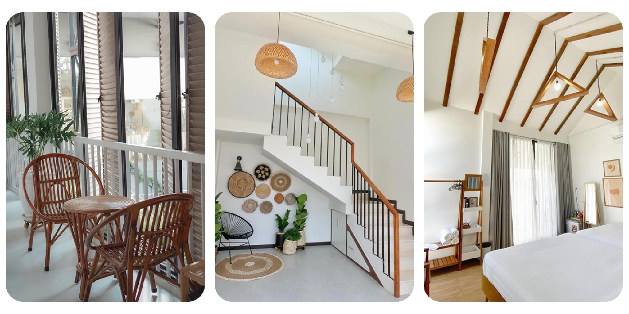 Chi tiết nội thất v&agrave; đ&egrave;n ch&ugrave;m m&acirc;y tre đan trong ph&ograve;ng homestay Daisy House Tuy H&ograve;a, nhấn mạnh yếu tố gỗ s&aacute;ng v&agrave; decor handmade.