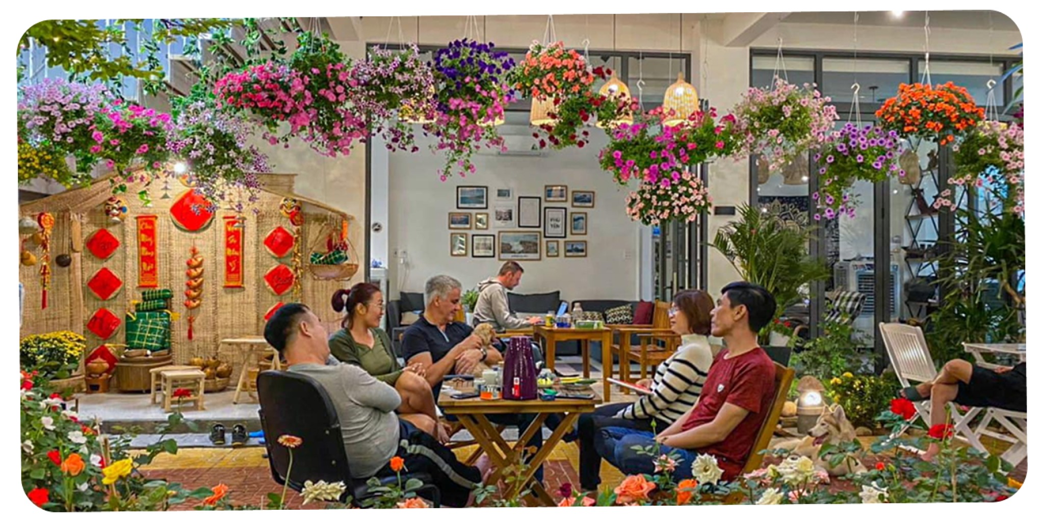 Nh&oacute;m kh&aacute;ch ngồi thư gi&atilde;n trong khu vườn rộng 300m&sup2; của homestay Daisy House Tuy H&ograve;a, Ph&uacute; Y&ecirc;n.