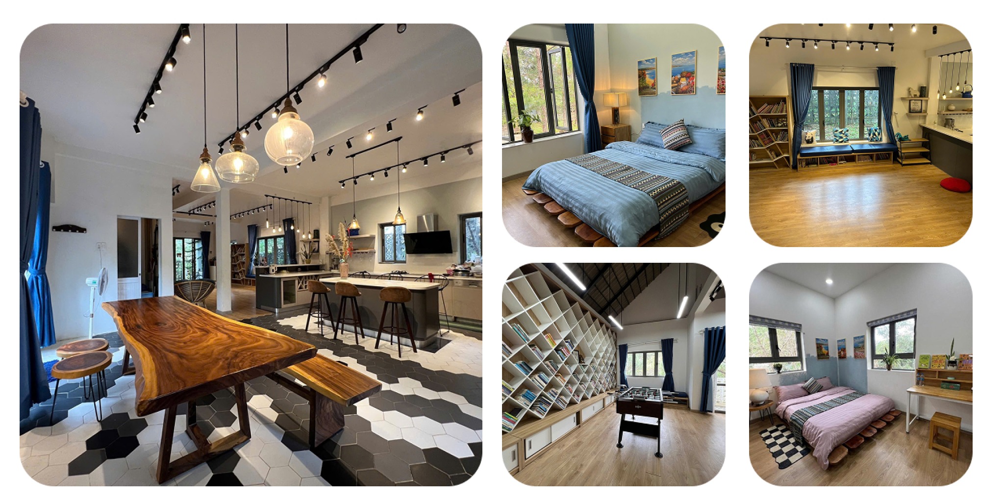 Kh&ocirc;ng gian bếp v&agrave; ph&ograve;ng sinh hoạt chung Dốc Mộng Mơ Măng Đen với b&agrave;n gỗ nguy&ecirc;n khối, s&agrave;n gạch lục gi&aacute;c hiện đại, kệ s&aacute;ch v&agrave; decor ấm c&uacute;ng giữa rừng th&ocirc;ng Kon Tum