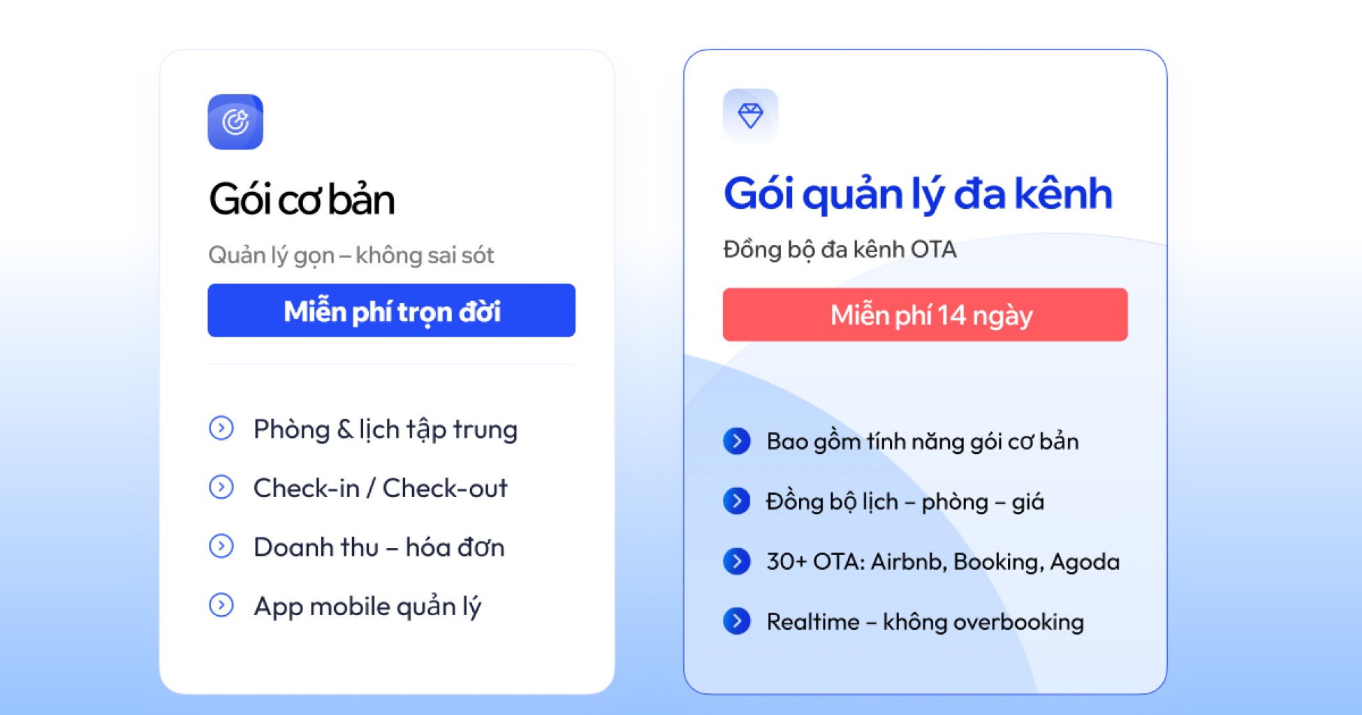 Mô hình giá GoHost 2026: gói cơ bản PMS miễn phí và gói quản lý đa kênh tính theo số phòng cho chuỗi căn hộ