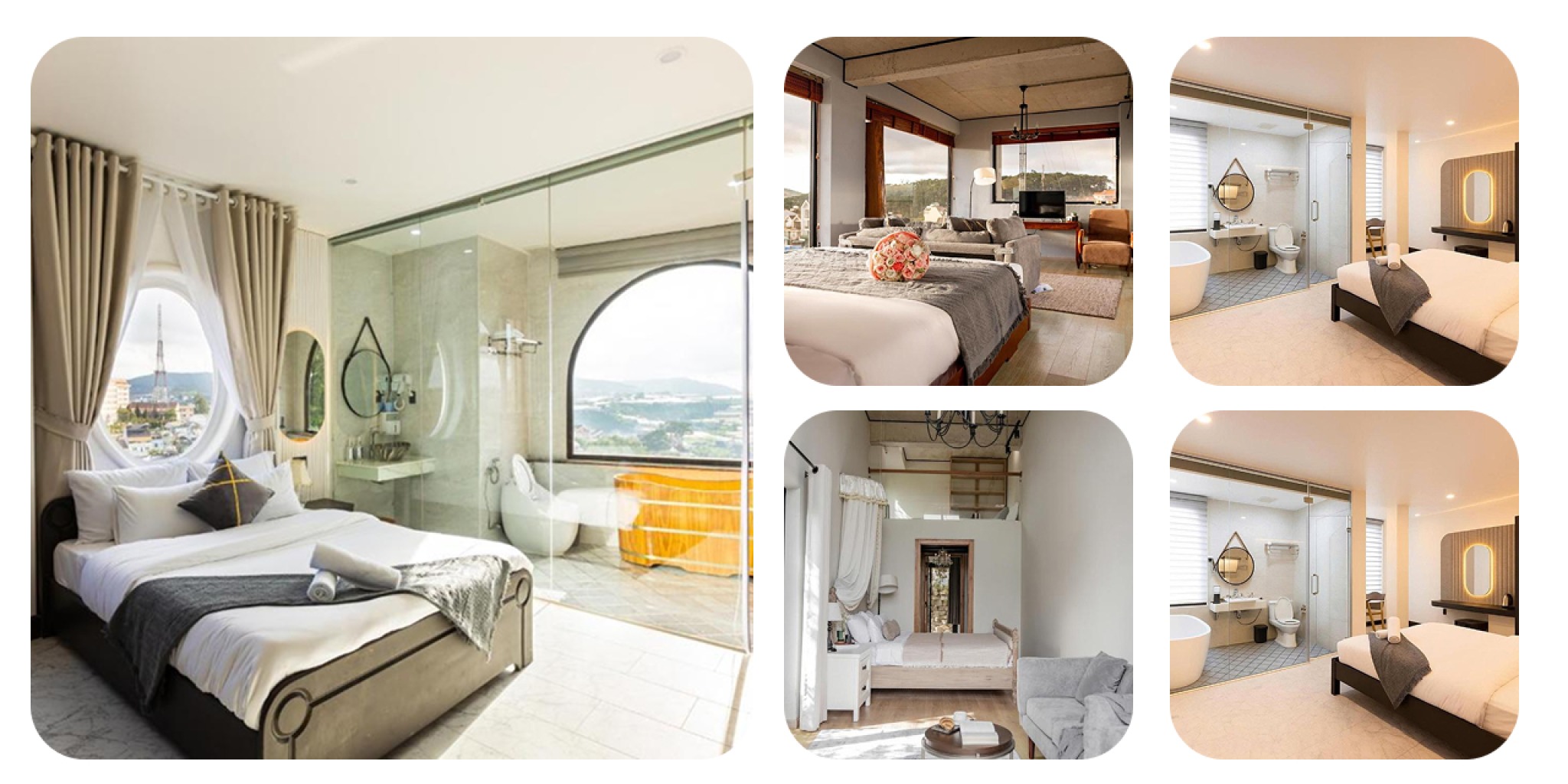 Kh&ocirc;ng gian ph&ograve;ng ngủ HT House Đ&agrave; Lạt phong c&aacute;ch Modern Industrial với trần b&ecirc; t&ocirc;ng m&agrave;i, k&iacute;nh cường lực trong suốt ngăn ph&ograve;ng tắm v&agrave; nội thất tối giản thanh lịch.