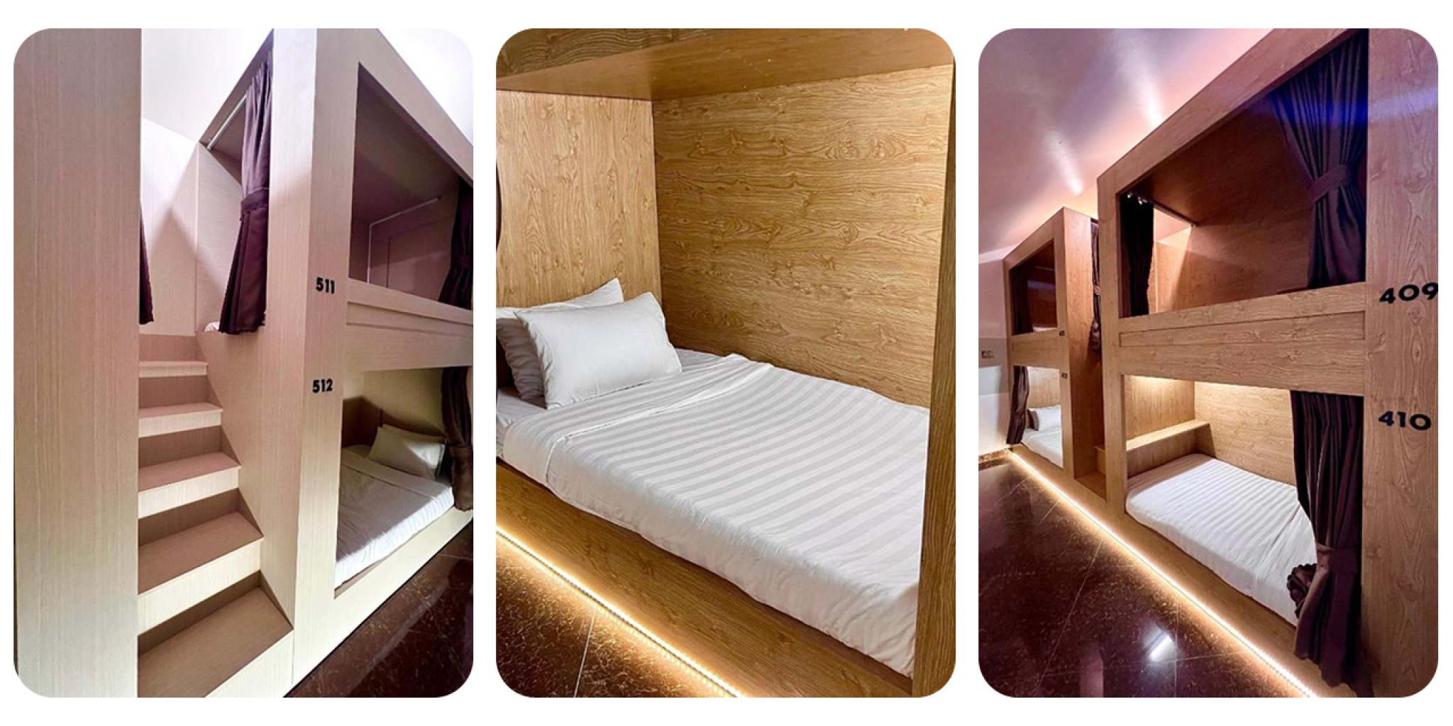 Giường dorm Box-style cao cấp tại HT House, dạng k&eacute;n gỗ s&aacute;ng m&agrave;u với r&egrave;m ri&ecirc;ng tư, đ&egrave;n đọc s&aacute;ch v&agrave; ổ cắm c&aacute; nh&acirc;n, mang lại sự thoải m&aacute;i như cabin ri&ecirc;ng.