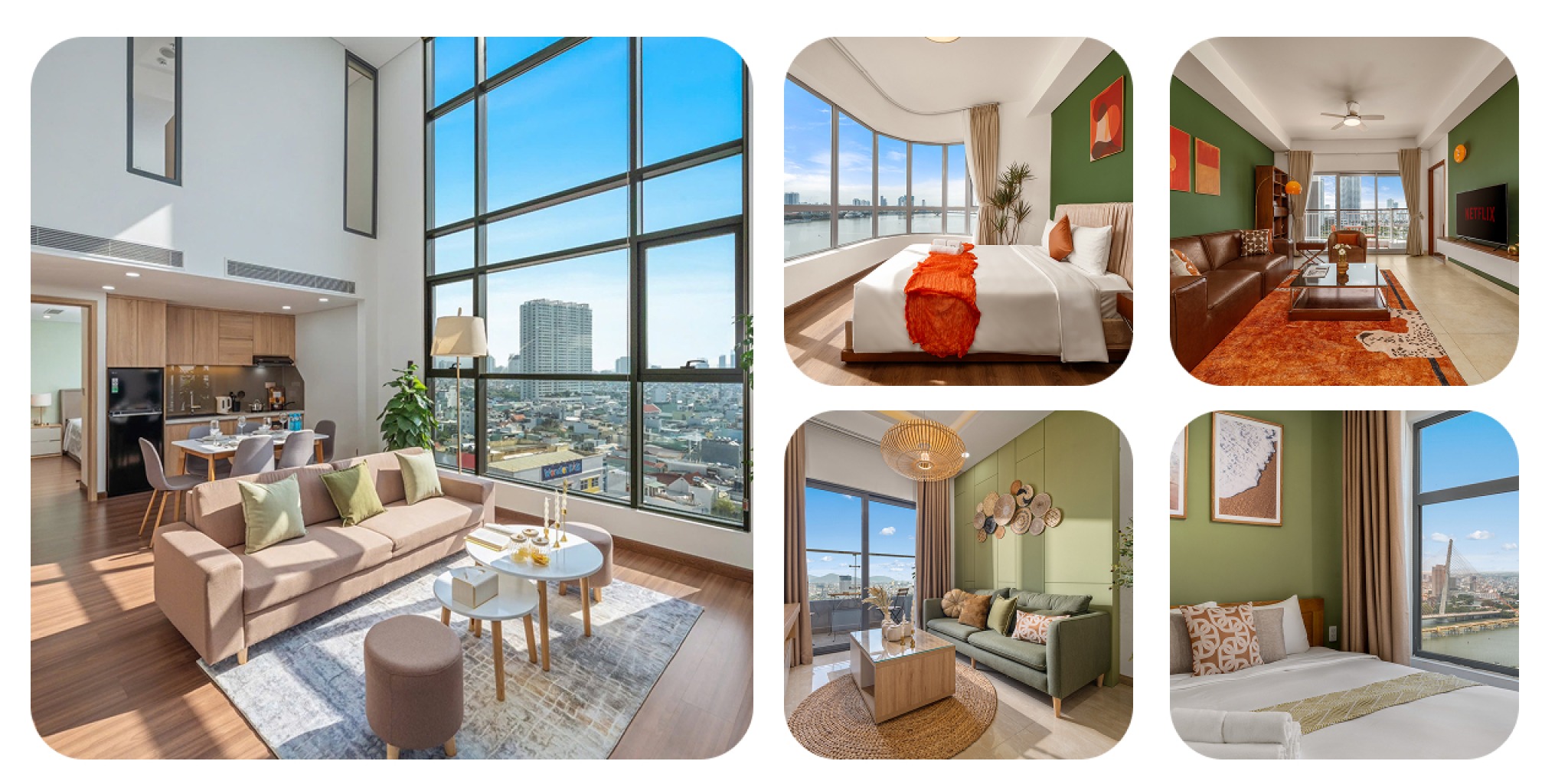 Không gian căn hộ cao tầng phong cách Modern Luxury của The Salt Collections với trần cao, cửa kính lớn nhìn toàn cảnh Đà Nẵng, nội thất gỗ sáng màu và điểm nhấn màu xanh, cam ấm áp.​