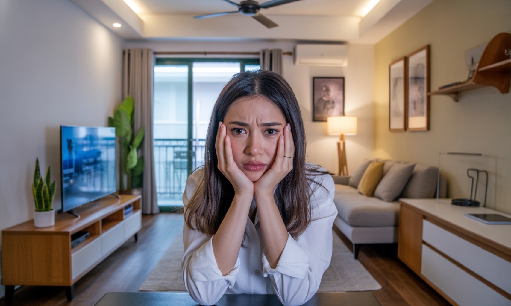 Hình ảnh một chủ nhà trẻ tuổi ngồi trong căn hộ đã được trang bị, thể hiện sự thất vọng hoặc lo lắng, minh họa cho lầm tưởng rằng chỉ cần có nhà trống là có thể cho thuê thành công trên Airbnb.