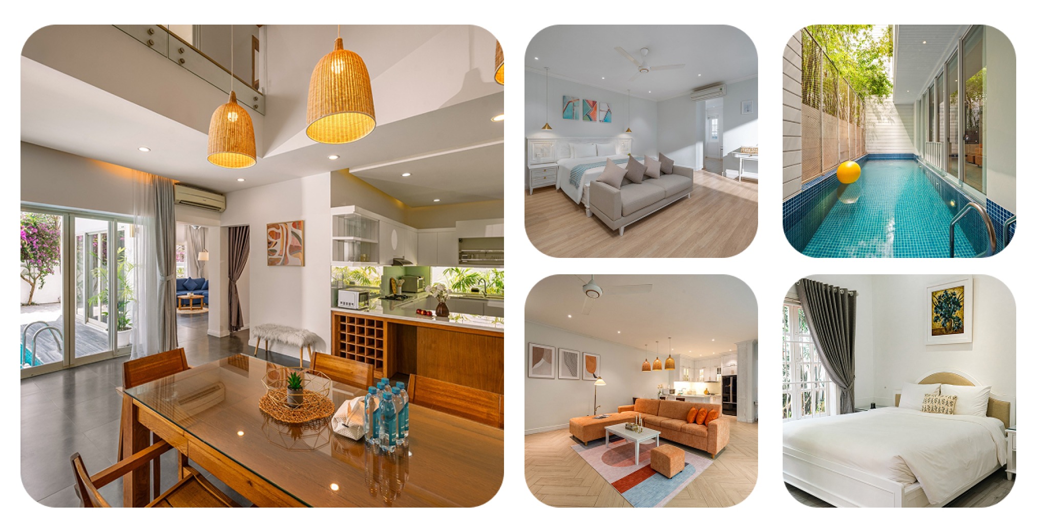 Biệt thự sân vườn phong cách tropical của The Salt Collections với hồ bơi cạnh giàn hoa giấy rực rỡ, bãi cỏ xanh và khu vực bàn ghế gỗ thư giãn ngoài trời.​