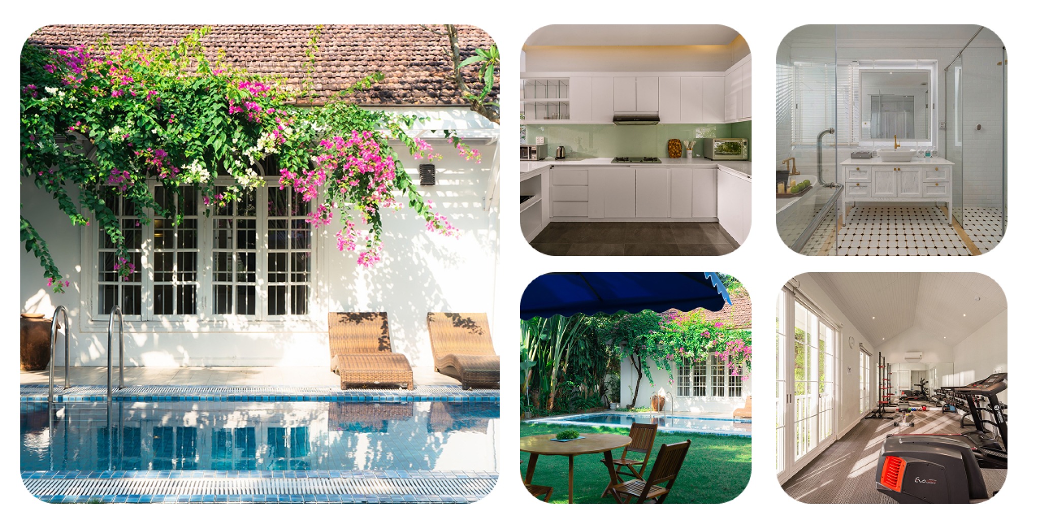 Khu biệt thự The Salt Collections với bếp đầy đủ tiện nghi, phòng khách rộng, phòng ngủ sáng, hồ bơi riêng và phòng gym hiện đại, thể hiện trọn bộ tiện ích cho kỳ nghỉ dài ngày.​