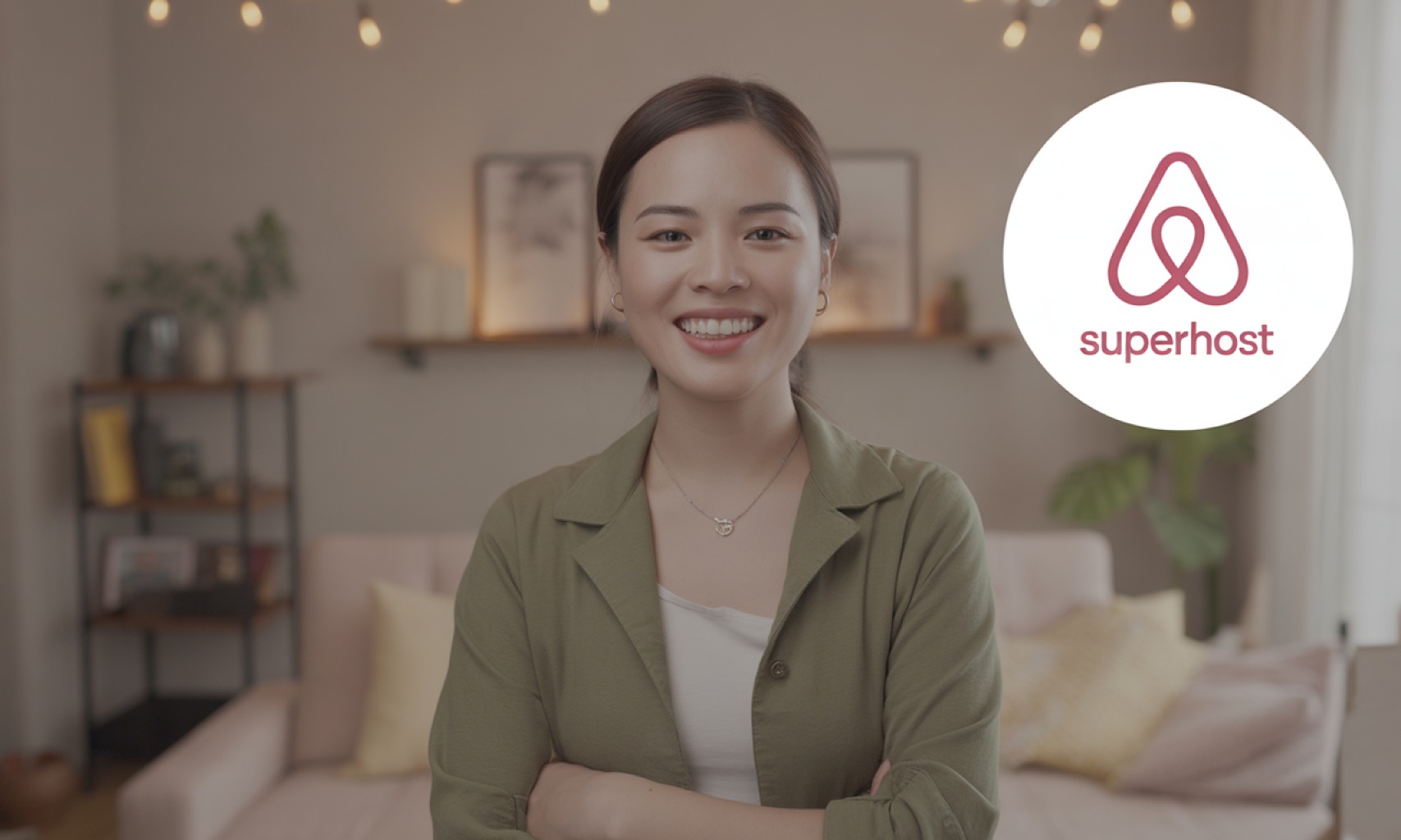 Hình ảnh biểu tượng huy hiệu Superhost của Airbnb, minh họa các tiêu chí nghiêm ngặt về đánh giá 4.8 sao, tỷ lệ phản hồi nhanh và số lượng booking, thể hiện sự chuyên nghiệp và uy tín.