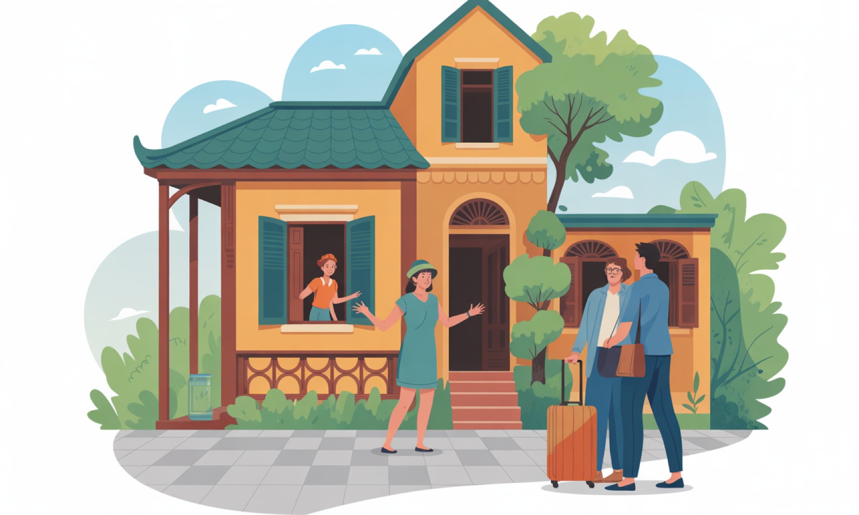Hình minh họa chủ nhà đang chào đón khách du lịch tại một homestay có kiến trúc đẹp, nhấn mạnh tầm quan trọng của giao tiếp, vận hành trơn tru và trải nghiệm tổng thể, không chỉ là decor đẹp.