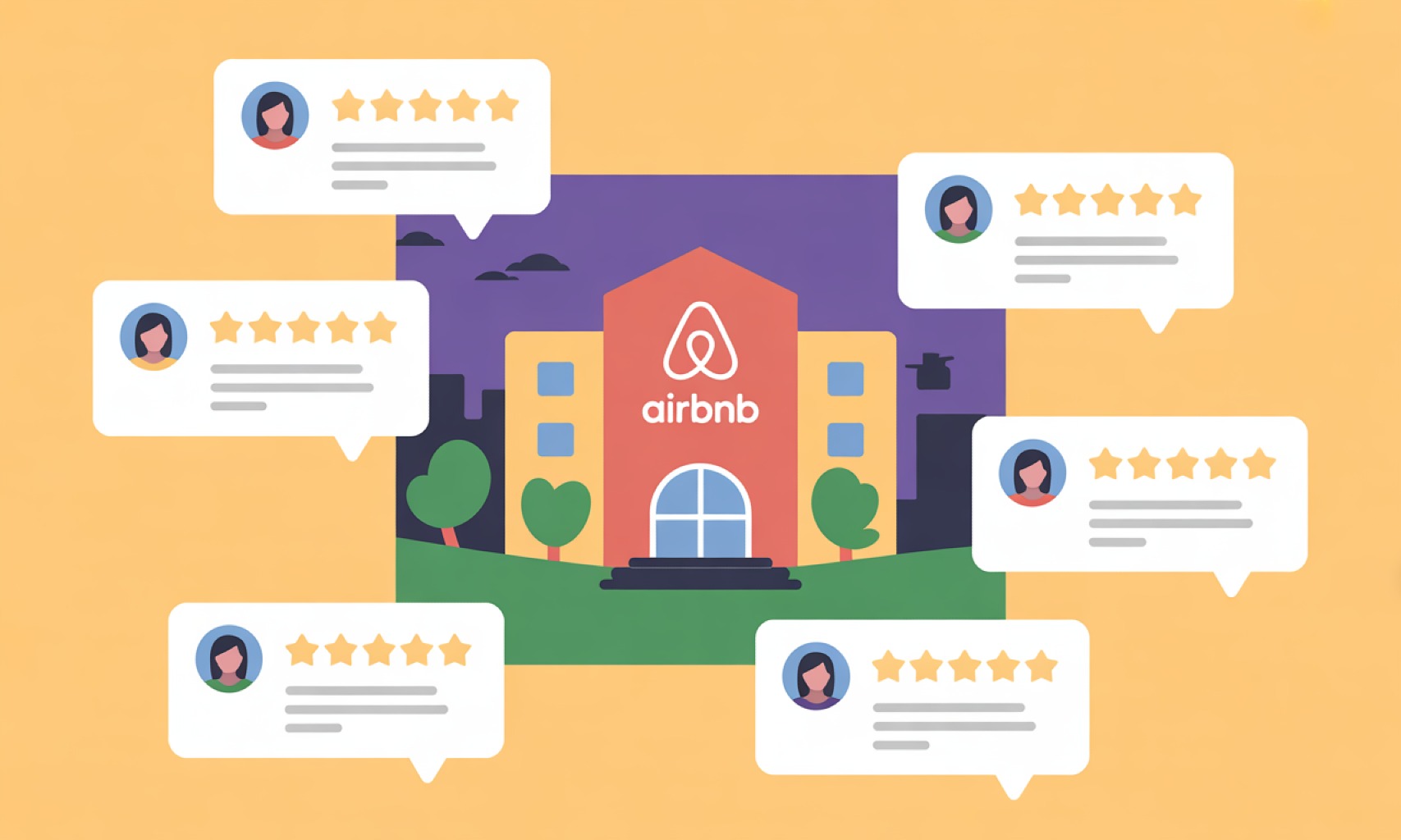 Hình ảnh minh họa biểu tượng của Airbnb được bao quanh bởi các bong bóng đánh giá 5 sao từ khách hàng, thể hiện vai trò cốt lõi của uy tín và review trong thuật toán xếp hạng và quyết định đặt phòng.
