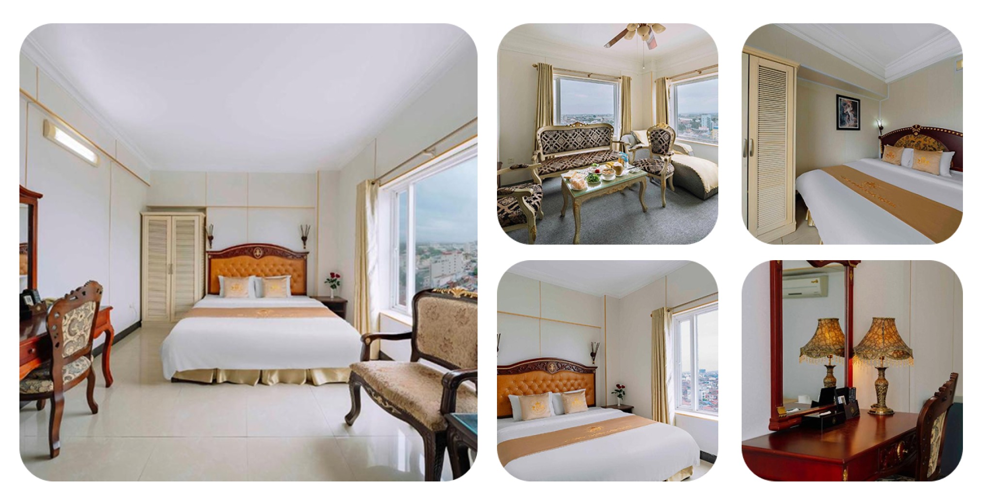 Ph&ograve;ng nghỉ t&acirc;n cổ điển tại Ho&agrave;ng Long Hotel với nội thất gỗ sang trọng, city view s&ocirc;ng Hải Ph&ograve;ng.