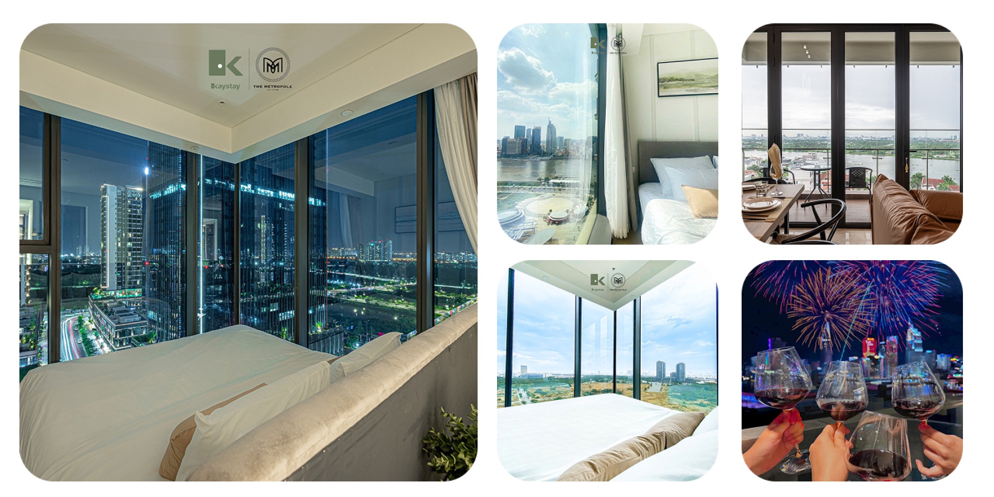 Các căn hộ của Kaystay với cửa kính lớn từ sàn đến trần, mở rộng tầm nhìn toàn cảnh thành phố và biến cảnh quan bên ngoài thành phần không thể thiếu của không gian nội thất.