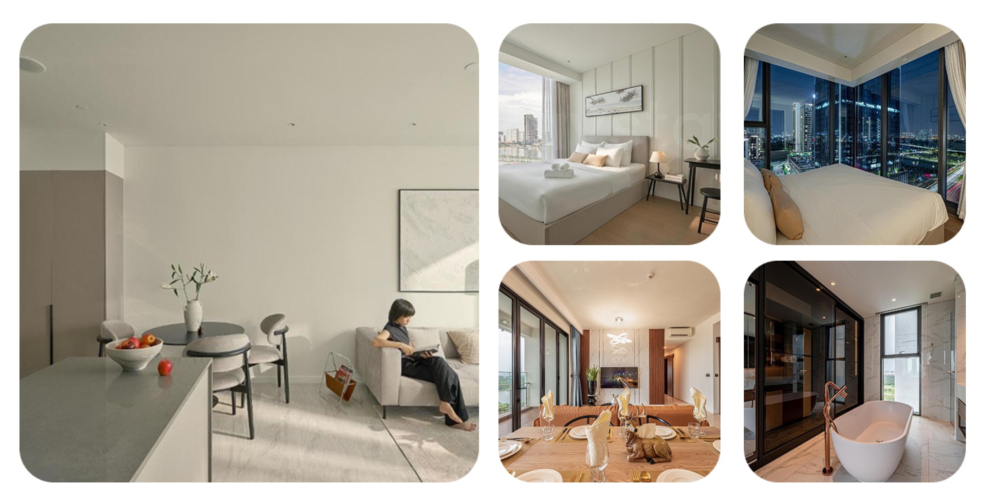 Không gian nội thất của Kaystay được thiết kế theo phong cách tối giản hiện đại, sử dụng màu sắc trung tính và vật liệu cao cấp, tạo cảm giác thanh lịch, rộng rãi và tinh tế.