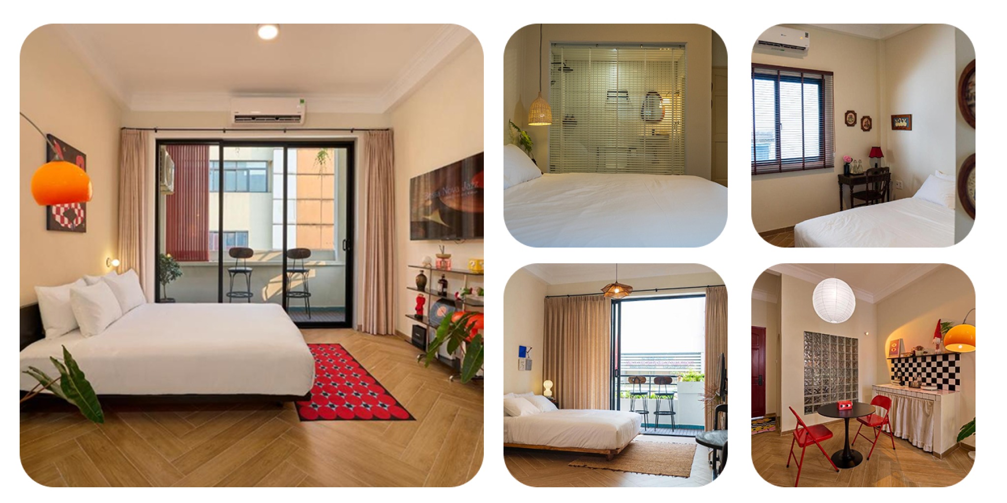 h&ocirc;ng gian retro ấm c&uacute;ng Little An Home homestay Quận 1 TP.HCM với m&agrave;u sắc rực rỡ đỏ đ&ocirc; cam b&iacute; ng&ocirc;, đ&egrave;n arc lamp v&agrave; nội thất ho&agrave;i cổ Mid-Century Modern