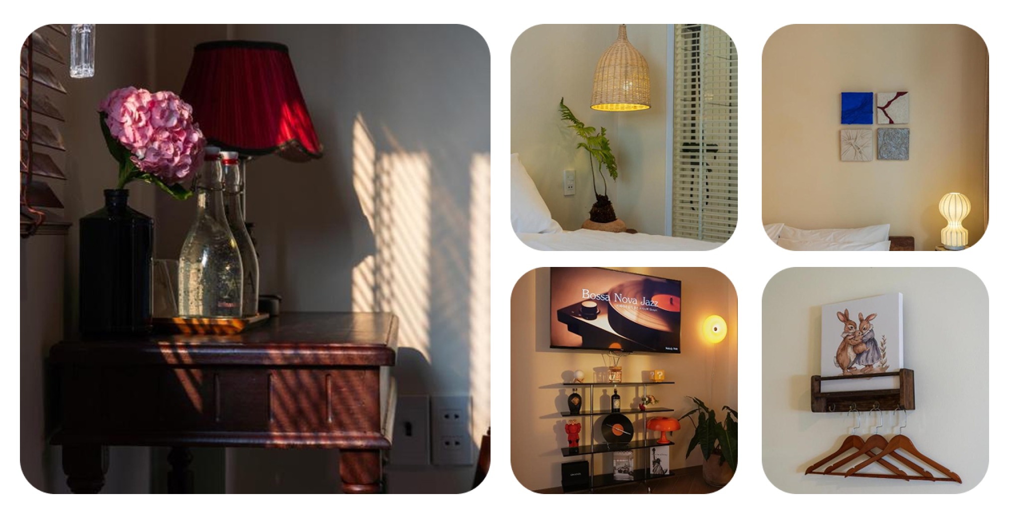 Chi tiết decor tỉ mỉ Little An Home homestay S&agrave;i G&ograve;n: tranh thỏ Peter Rabbit, art-toy Kaws, đĩa than v&agrave; b&igrave;nh hoa tr&ecirc;n kệ gỗ, thể hiện sự chăm ch&uacute;t s&aacute;ng tạo của chủ nh&acirc;n.