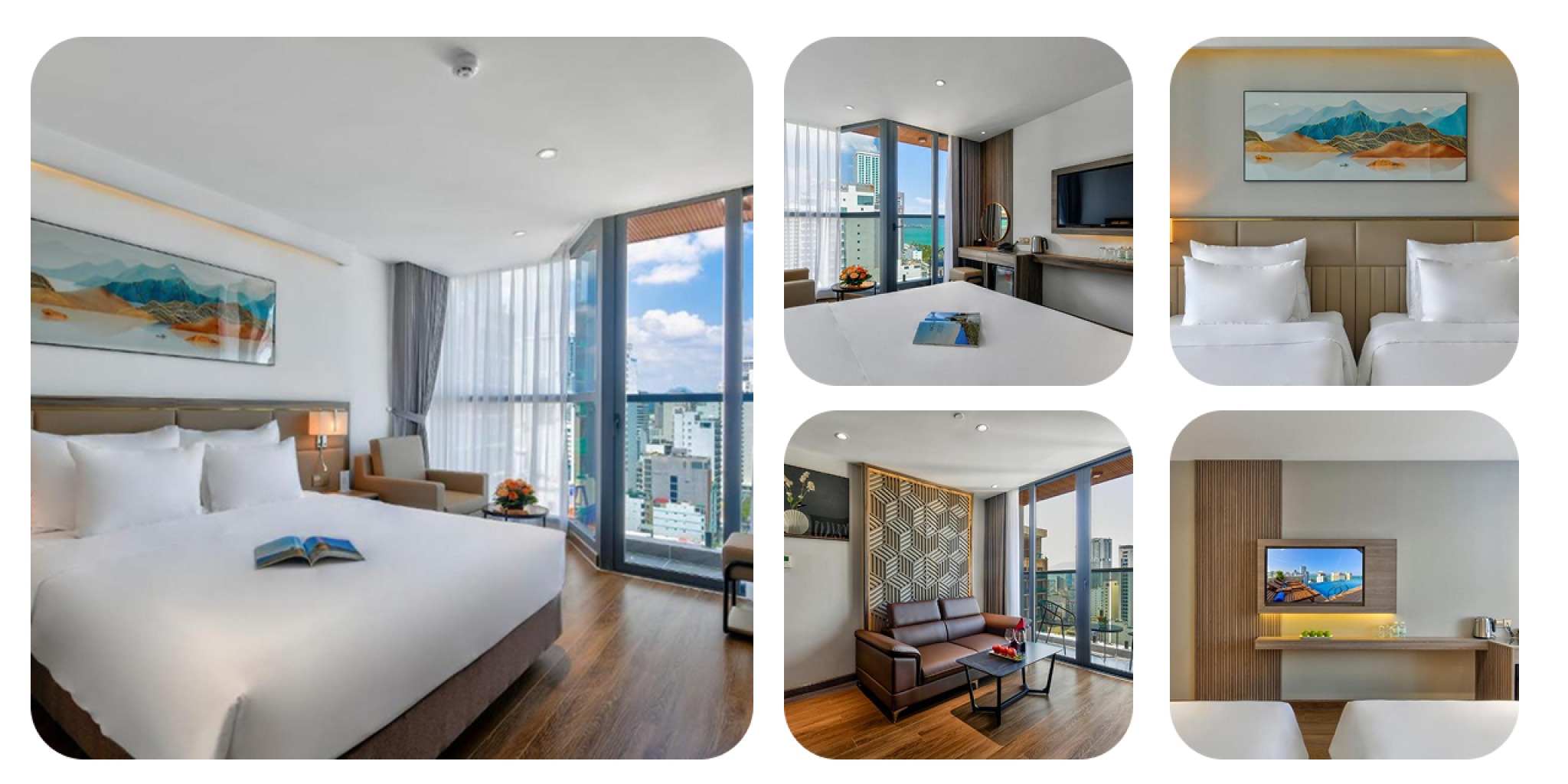 Ph&ograve;ng nghỉ tại Maris Hotel Nha Trang được decor tối giản, nội thất tinh gọn với cửa k&iacute;nh lớn đ&oacute;n &aacute;nh s&aacute;ng v&agrave; view biển Nha Trang