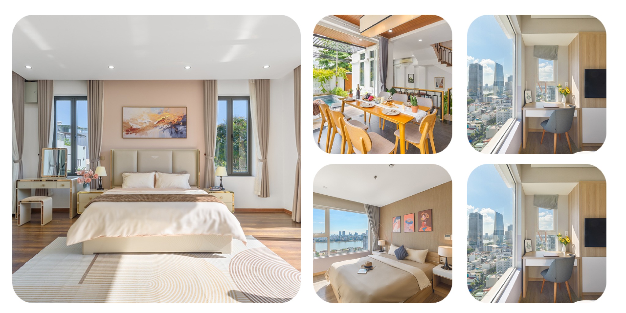 Không gian phòng tại May Harmony Stay với thiết kế hiện đại sang trọng kết hợp phong cách Á Đông và Nhiệt đới, nội thất cao cấp, ánh sáng tự nhiên và vật liệu gỗ mộc mang lại cảm giác ấm cúng, thư thái.