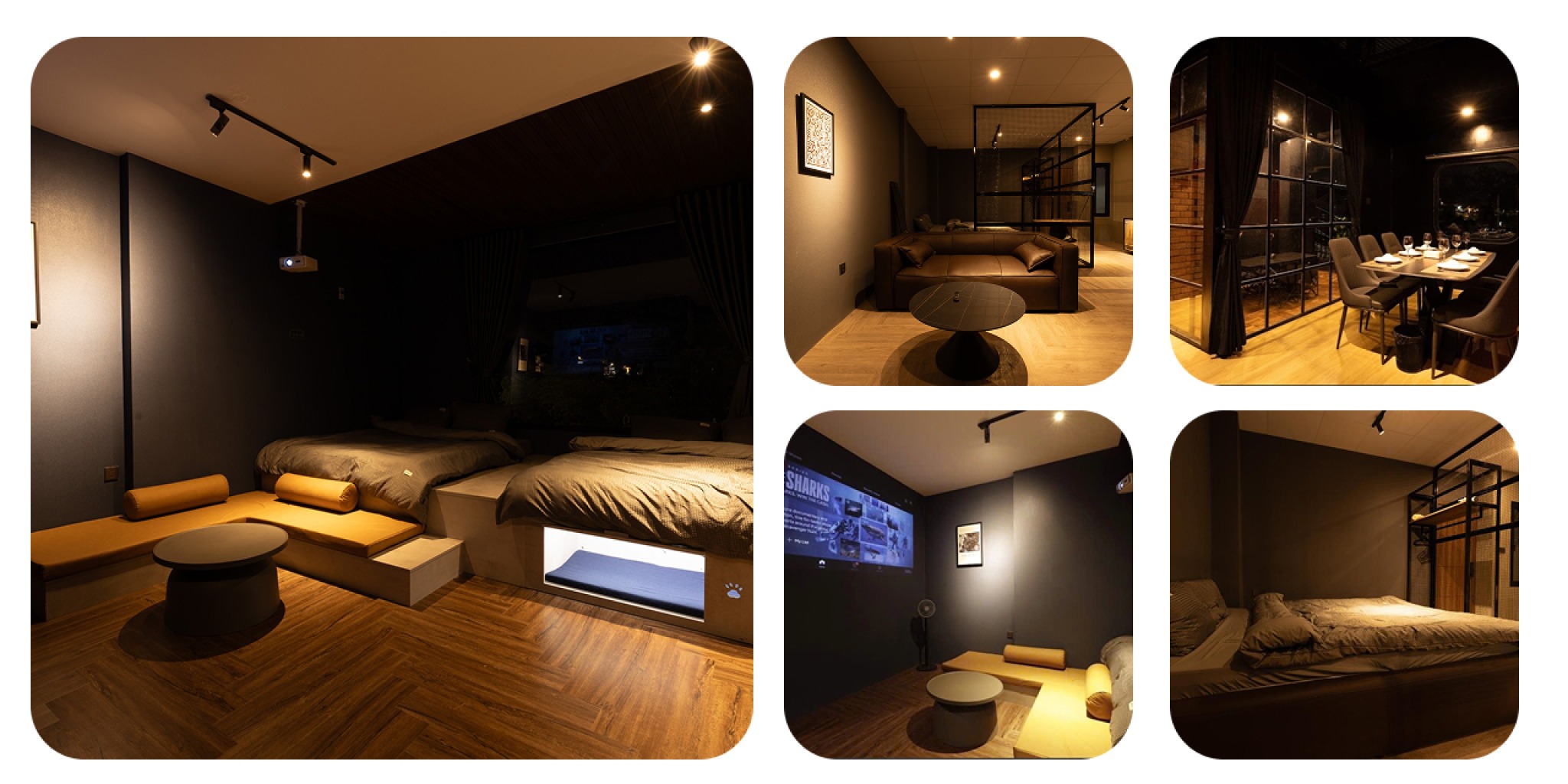 Ph&ograve;ng homestay Midas Home Đ&agrave; Lạt với giường bục, t&ocirc;ng m&agrave;u trầm v&agrave; &aacute;nh s&aacute;ng v&agrave;ng ấm theo phong c&aacute;ch Industrial