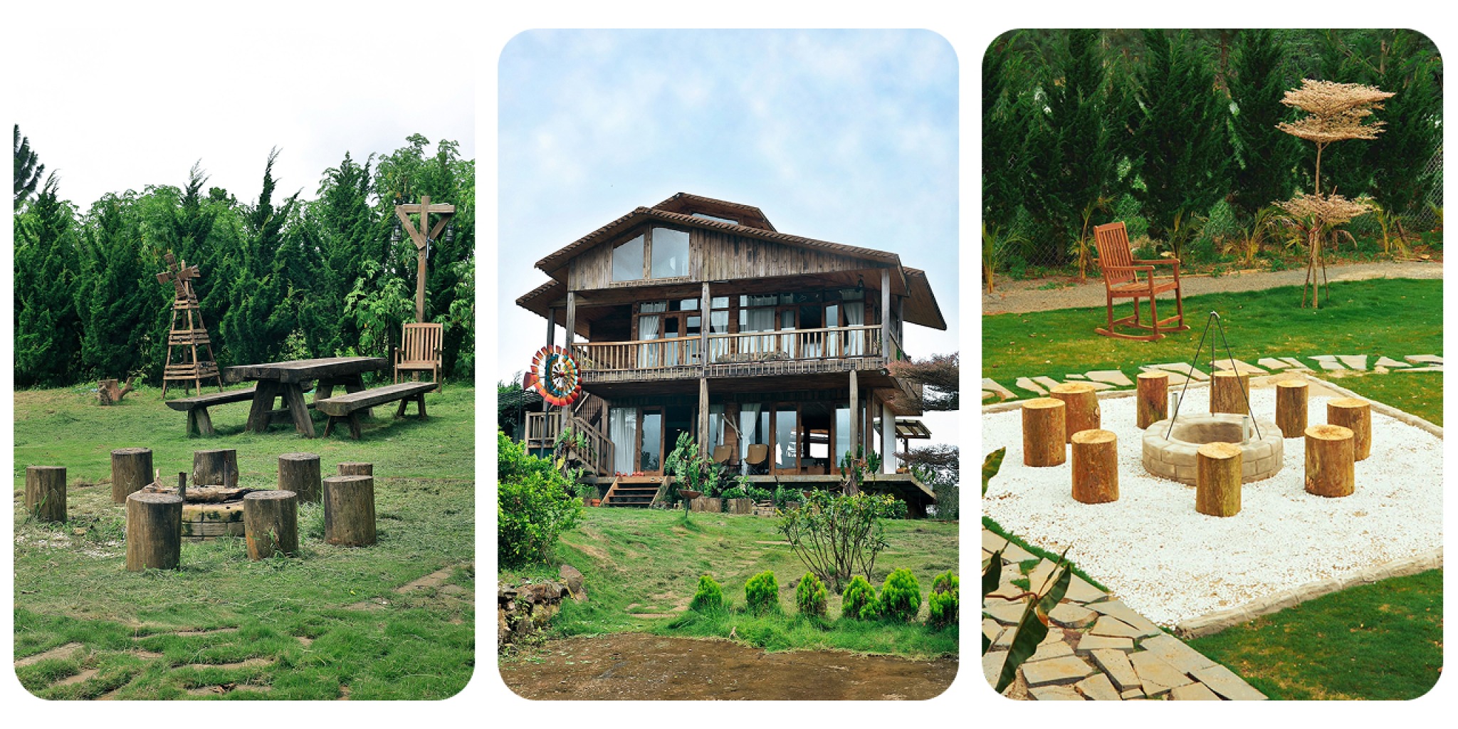 S&acirc;n vườn Nh&agrave; Bao La Bảo Lộc hố đốt lửa ghế gỗ qu&acirc;y quần BBQ cao nguy&ecirc;n