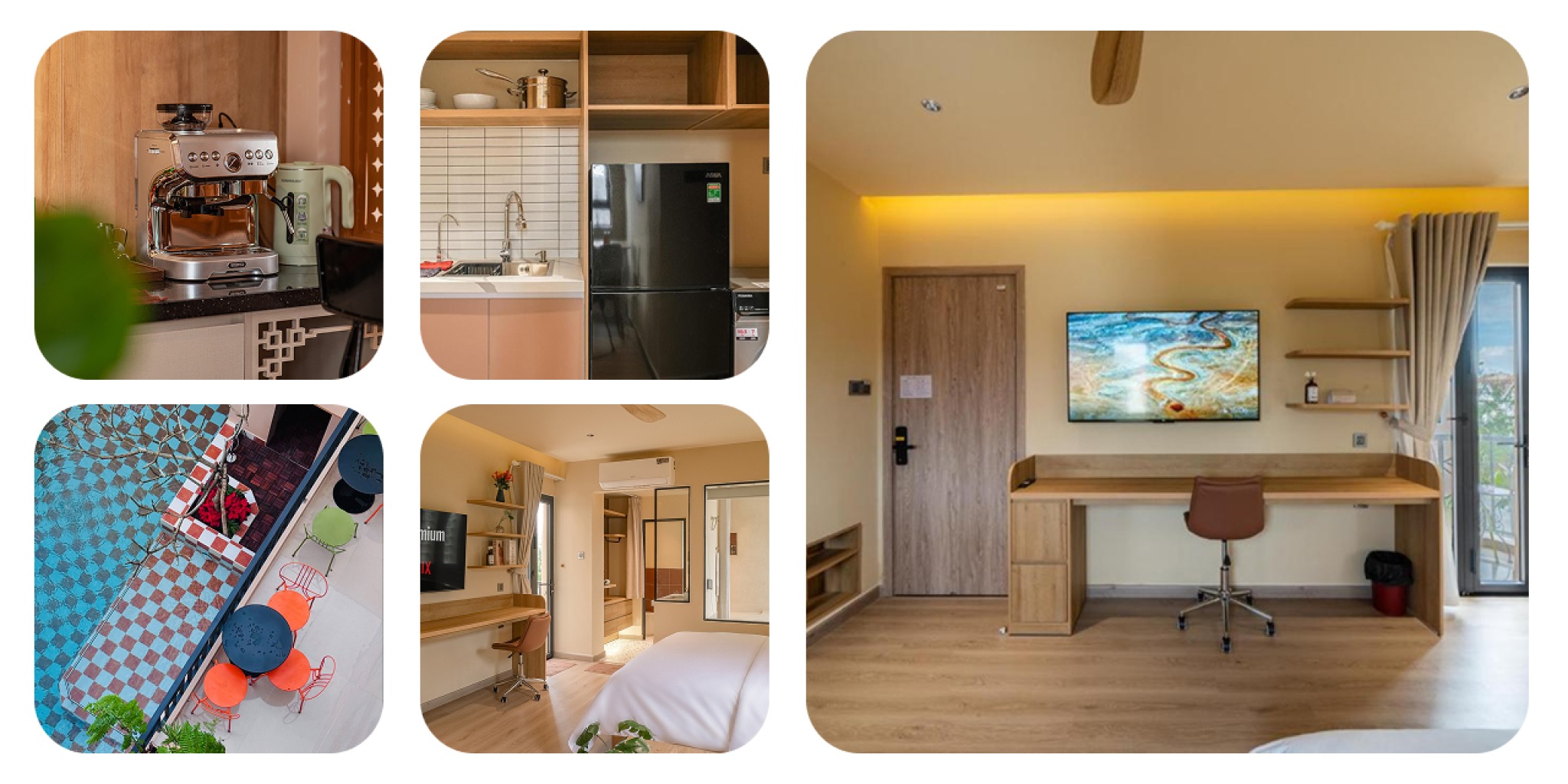 Các tiện ích tại Palmera Hội An gồm hồ bơi lát gạch caro nhiều màu, phòng ngủ sáng với giường lớn, sofa thư giãn, bếp và khu làm việc được trang bị đầy đủ thiết bị cho kỳ nghỉ và làm việc dài ngày.