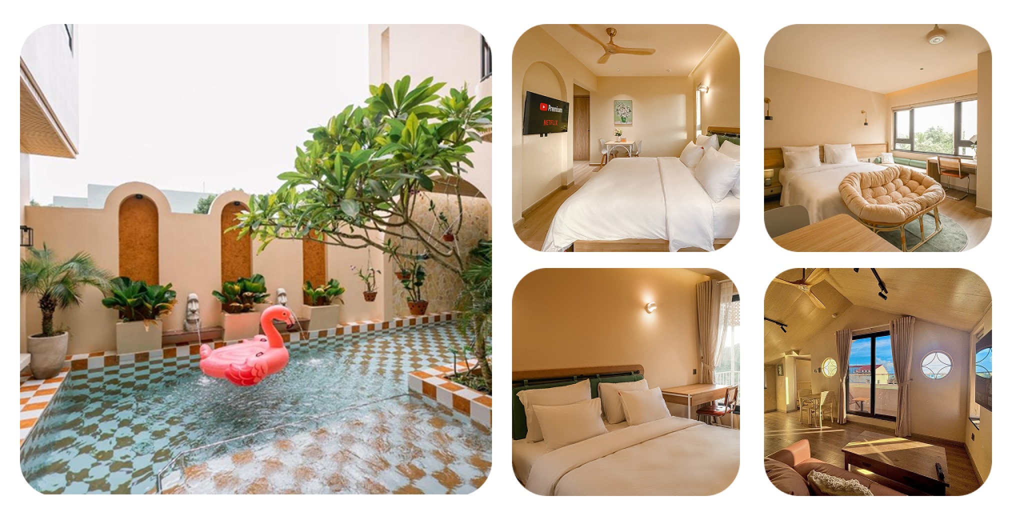 Không gian Palmera Hội An với tông vàng cát ấm áp, nội thất gỗ tối giản, bàn làm việc rộng và cửa sổ lớn đón ánh sáng, mang lại cảm giác thư giãn và hiện đại cho khách lưu trú