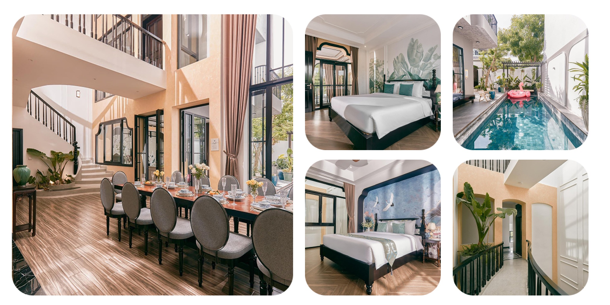 Pandora Indochine Villa tại Đà Nẵng với kiến trúc vòm cong, cột trụ lớn, cửa gỗ khung kính cao, sân vườn và hồ bơi lát mosaic, nội thất sang trọng pha lẫn tinh thần Đông Dương và hiện đại.