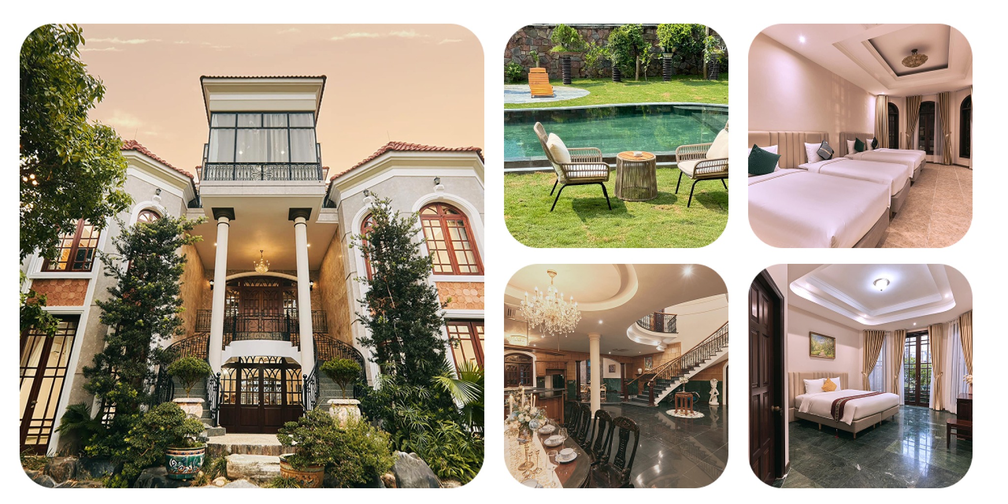 Pandora Maison thiết kế tân cổ điển pha hiện đại, mặt tiền đối xứng với cột lớn và ban công sắt rèn, không gian sáng rộng, tone trắng kem – nâu gỗ sang trọng, hồ bơi và sân vườn đậm chất villa retreat châu Âu.