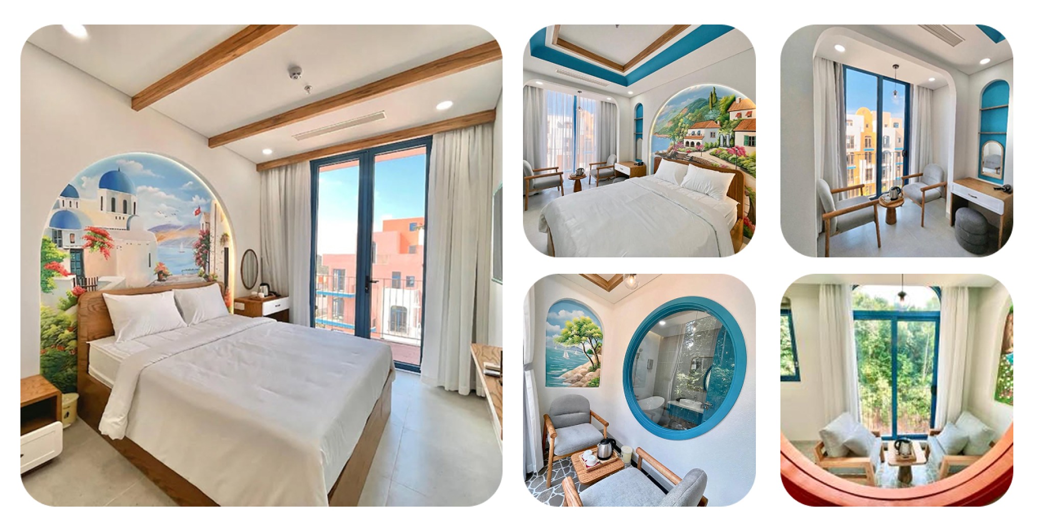 Nội thất ph&ograve;ng Pito Hotel Ph&uacute; Quốc decor xanh dương gỗ tự nhi&ecirc;n, tranh tường Santorini Địa Trung Hải