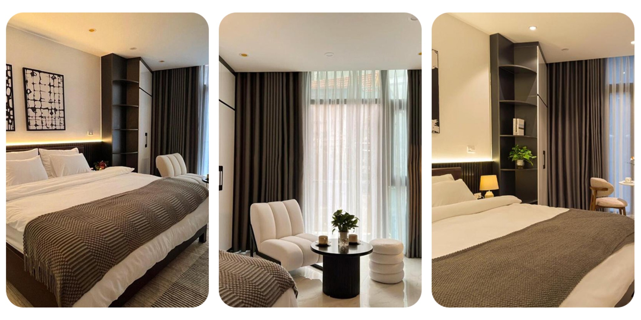 Ph&ograve;ng nghỉ studio tại Sa Home H&agrave; Nội mang phong c&aacute;ch hiện đại với nội thất t&ocirc;ng đen trắng nam t&iacute;nh, bố cục th&ocirc;ng minh v&agrave; đầy đủ tiện nghi.