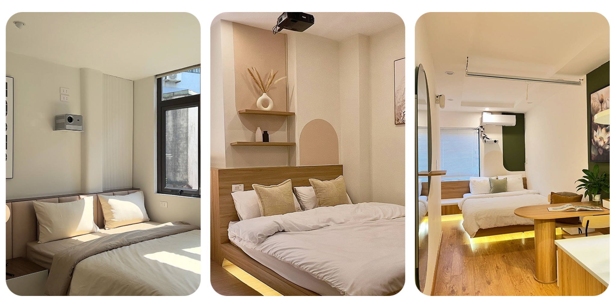 Kh&ocirc;ng gian nội thất homestay Sa Home 9b ng&otilde; Hội Vũ phong c&aacute;ch tối giản (Minimalism) với t&ocirc;ng m&agrave;u be gỗ ấm c&uacute;ng v&agrave; cửa k&iacute;nh lớn đ&oacute;n &aacute;nh s&aacute;ng tự nhi&ecirc;n.