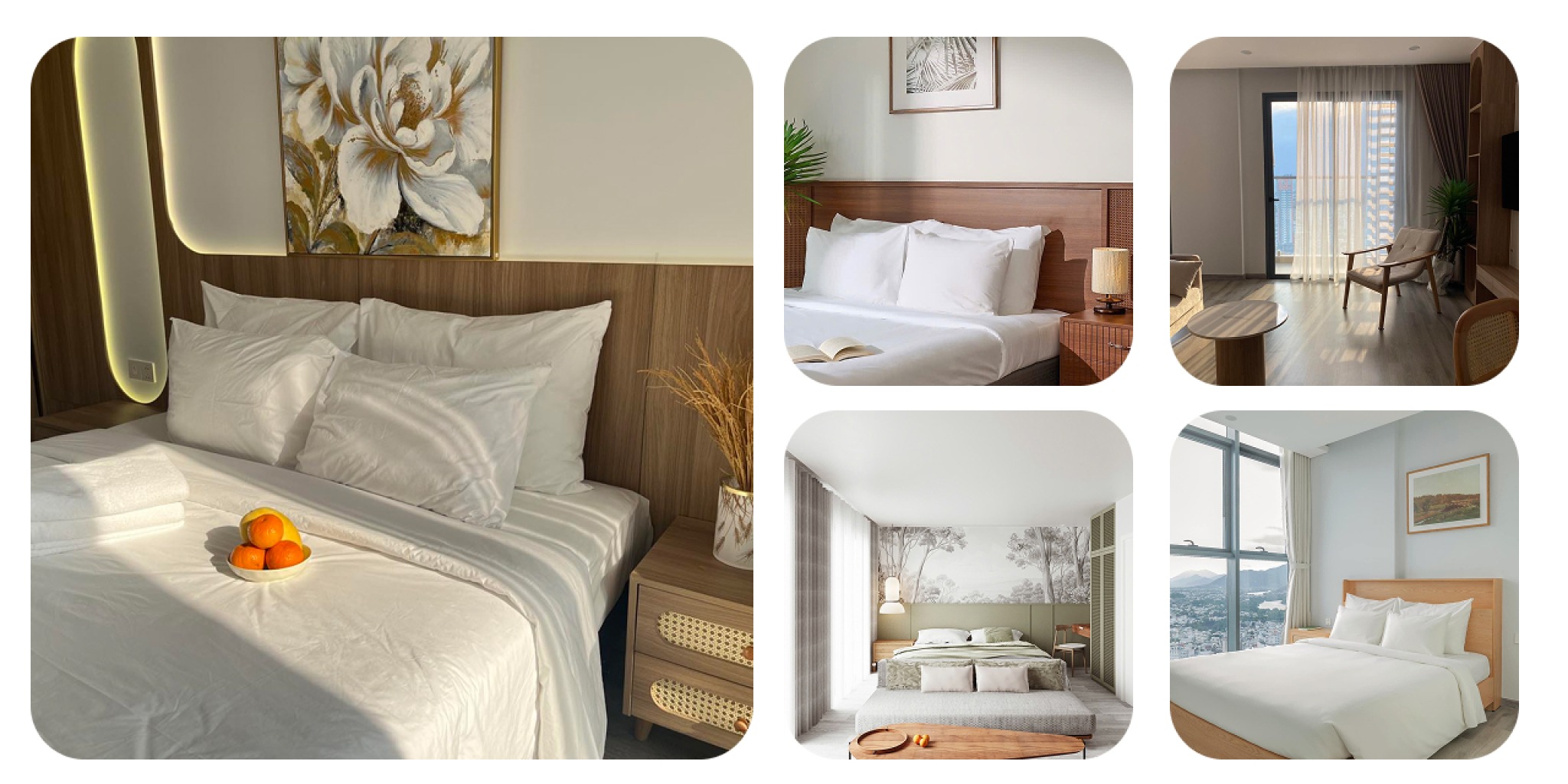 Không gian căn hộ Serenity View với nội thất gỗ, đường nét tối giản và tông màu trung tính, thể hiện phong cách minimalist hiện đại.