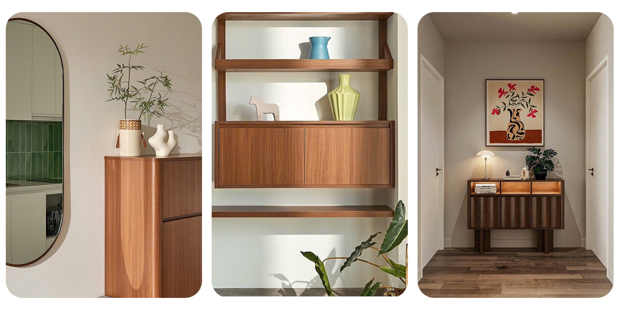 Các góc decor trong căn hộ Serenity View với tủ gỗ, tranh treo tường, lọ hoa và cây xanh được sắp xếp hài hòa, thể hiện sự chỉn chu trong từng chi tiết.