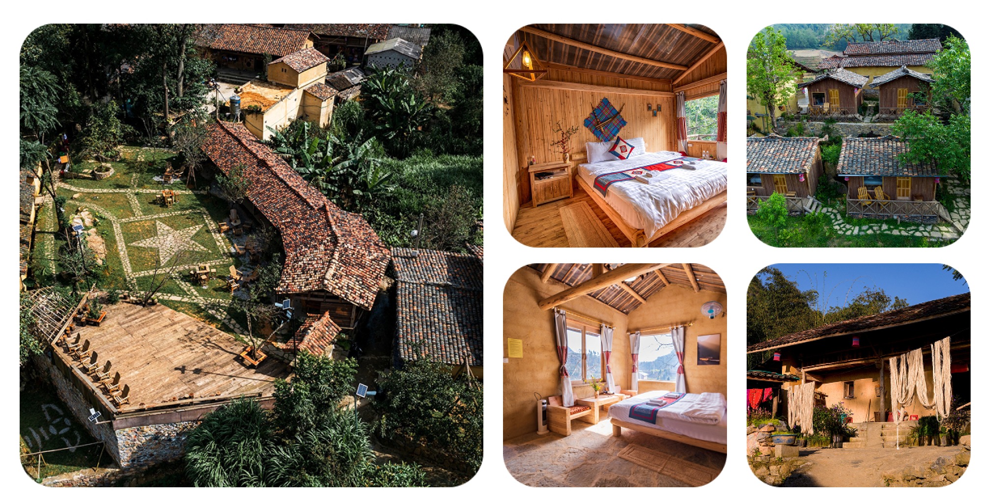 Hình ảnh các loại phòng nghỉ đa dạng tại Then Pa Village bao gồm bungalow, deluxe, dorm và các căn nhà lưu trú bên người dân bản địa