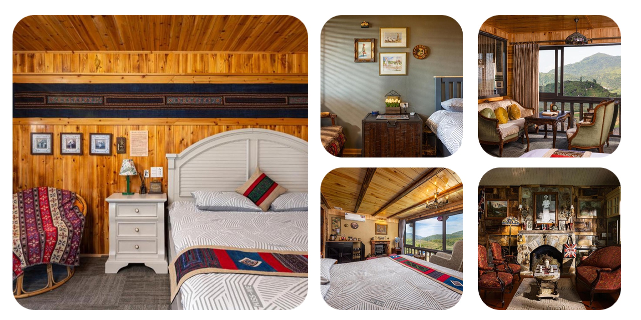  Ph&ograve;ng ngủ Ta Phin Cottage với tường v&agrave; trần ốp gỗ mộc mạc, giường đơn phủ chăn họa tiết thổ cẩm, cửa sổ lớn nh&igrave;n ra n&uacute;i rừng Sapa, phong c&aacute;ch rustic ấm &aacute;p.