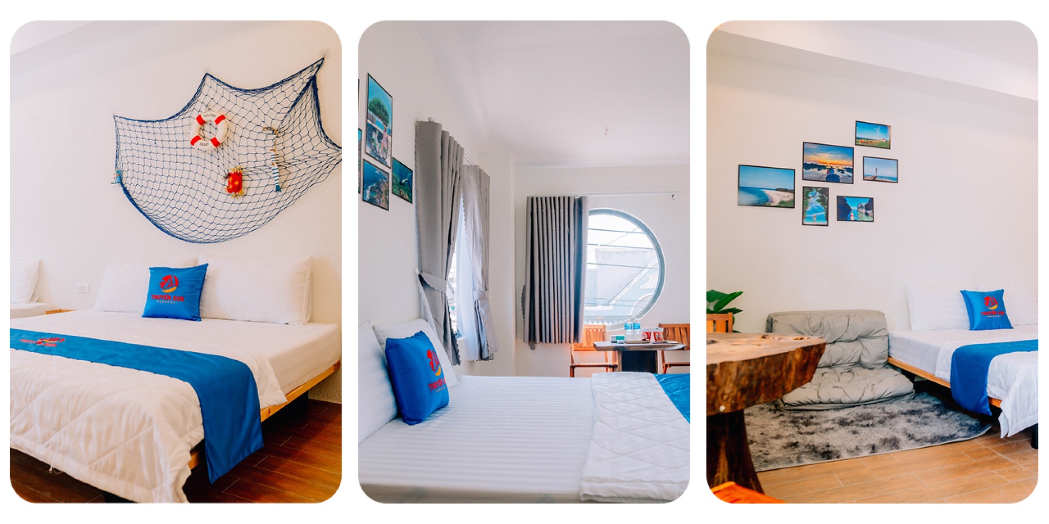 Kh&ocirc;ng gian s&acirc;n homestay Thuyền Xưa Ph&uacute; Qu&yacute; với m&agrave;u xanh trắng, nội thất gỗ mộc mạc, tạo cảm gi&aacute;c thư gi&atilde;n giữa đảo Ph&uacute; Qu&yacute;.