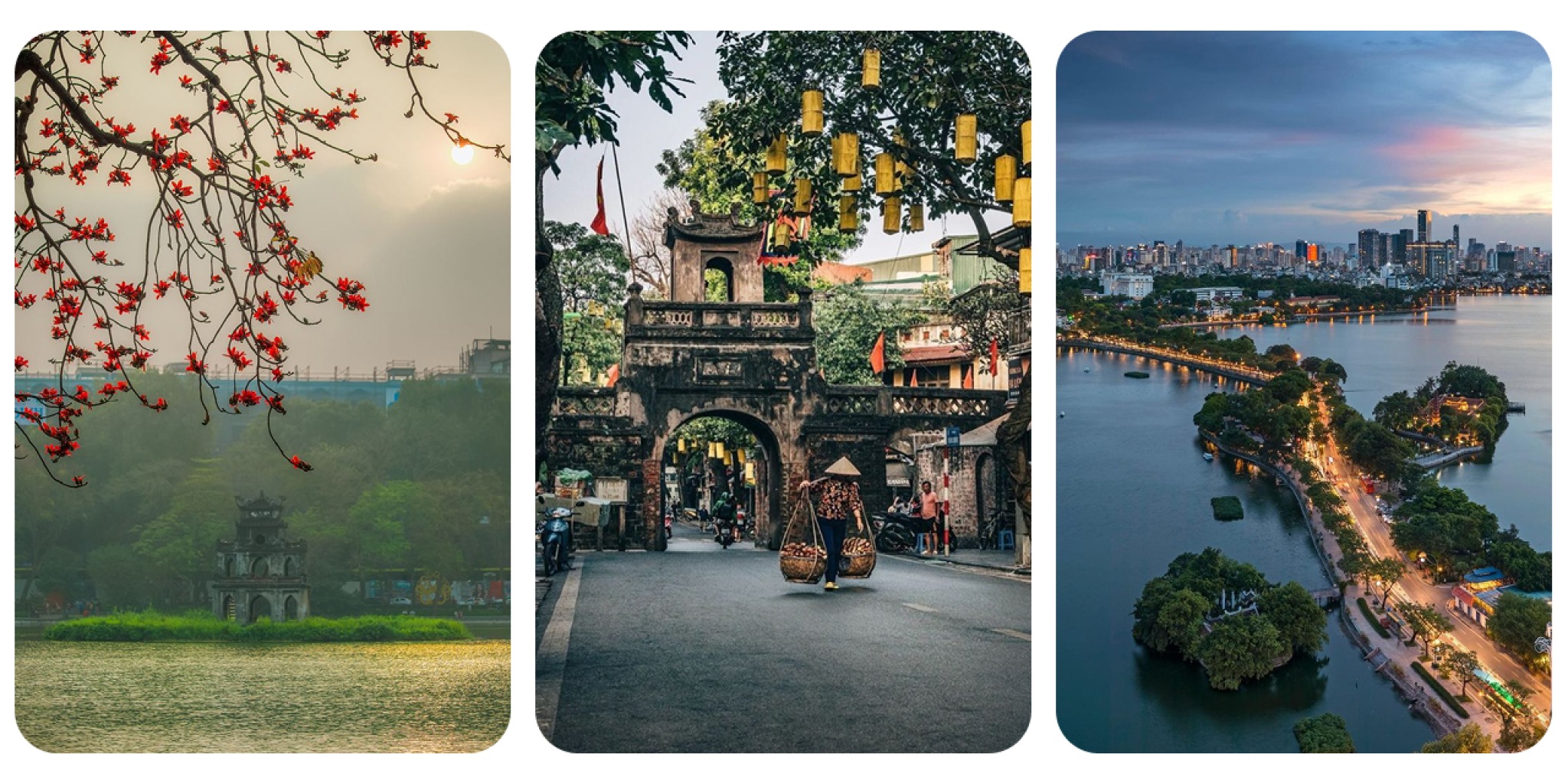 H&igrave;nh ảnh Hồ Gươm, Phố Cổ v&agrave; Hồ T&acirc;y biểu tượng của H&agrave; Nội, thể hiện vị tr&iacute; trung t&acirc;m đắc địa của X&ocirc;i Residence gi&uacute;p kh&aacute;ch dễ d&agrave;ng di chuyển tham quan v&agrave; trải nghiệm th&agrave;nh phố.