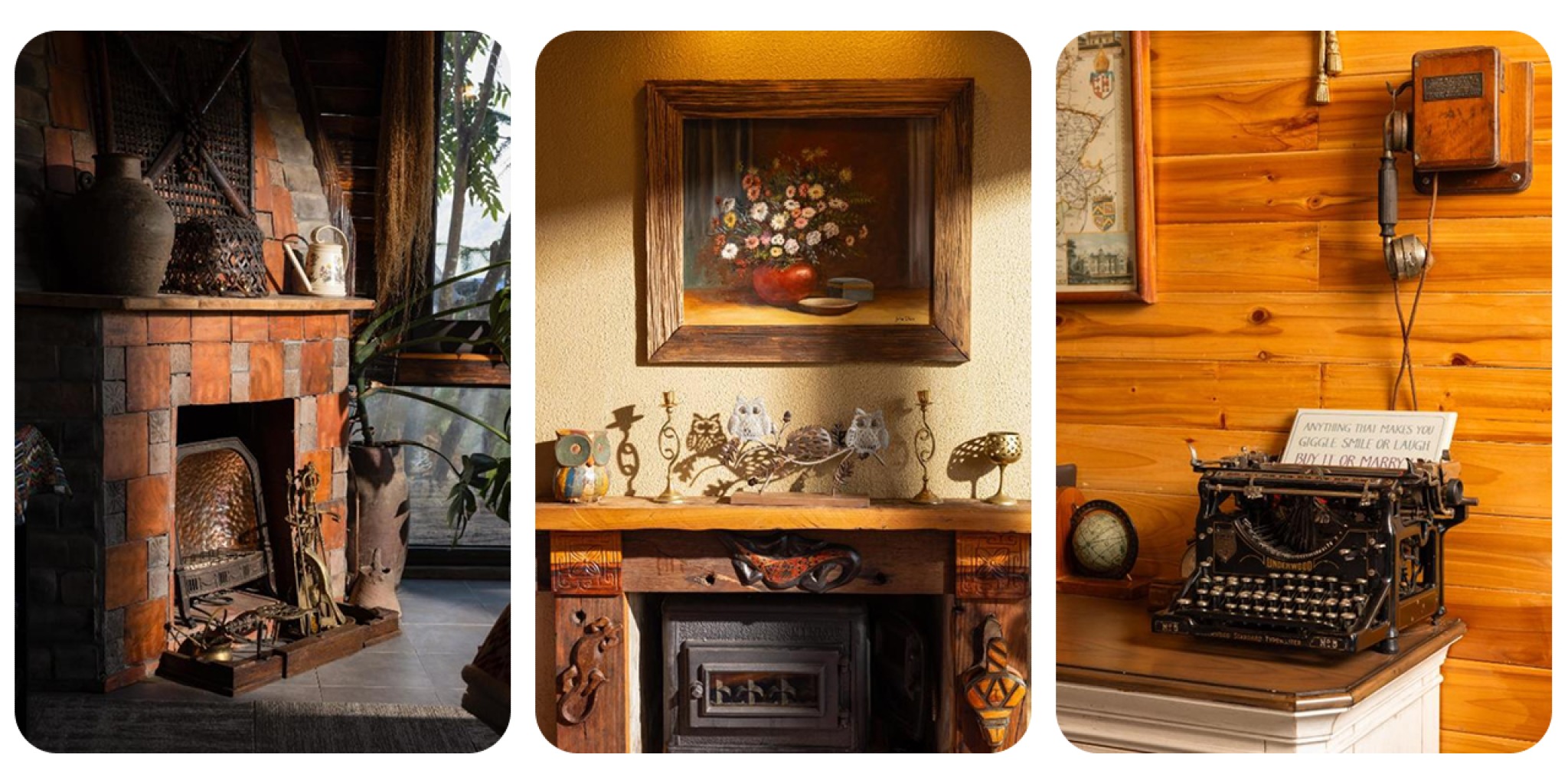 G&oacute;c ph&ograve;ng Ta Phin Cottage với l&ograve; sưởi, tranh sơn dầu, m&aacute;y đ&aacute;nh chữ cổ v&agrave; đồ decor kim loại, thể hiện phong c&aacute;ch vintage v&agrave; cottage Anh Quốc trong kh&ocirc;ng gian gỗ ấm c&uacute;ng.