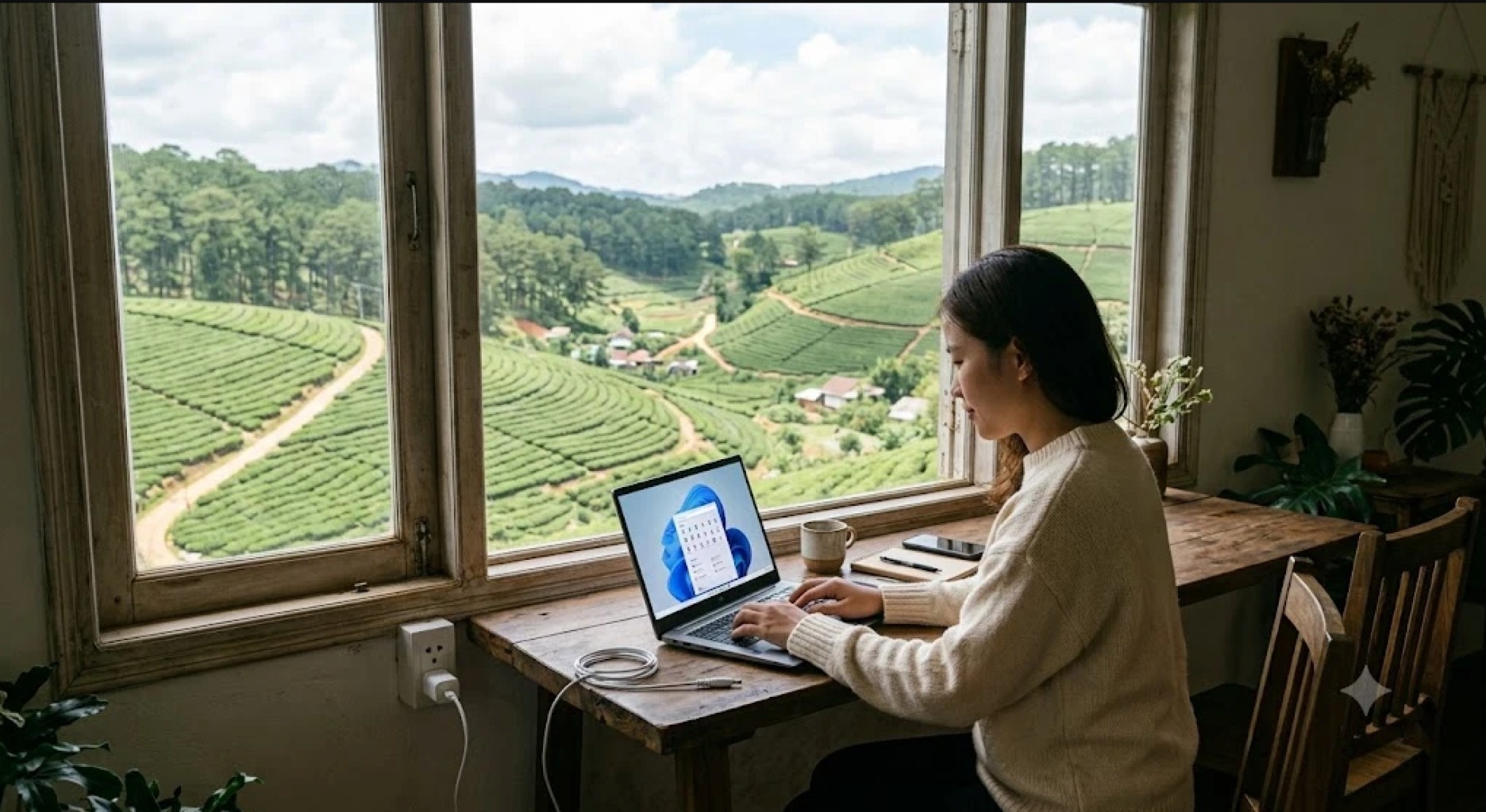 Chủ cơ sở lưu trú xem báo cáo doanh thu trên máy tính để đánh giá RevPAR, ADR và tỷ lệ lấp đầy