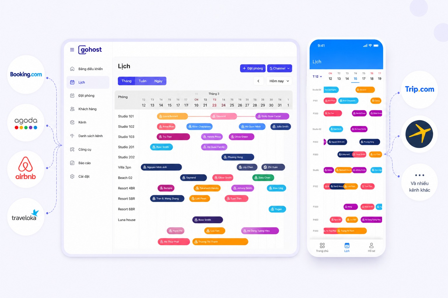 Quản lý toàn bộ booking trên một lịch chung — theo dõi và cập nhật mọi kênh ngay trên web và app Giao diện GoHost với lịch đặt phòng tập trung trên desktop và app mobile, hiển thị booking theo thời gian thực và đồng bộ từ các kênh OTA