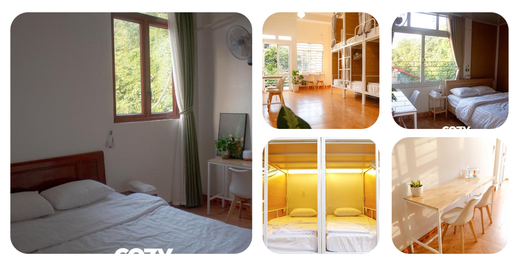 Ph&ograve;ng ngủ tại Lazy Cat Homestay với tường trắng, &aacute;nh s&aacute;ng tự nhi&ecirc;n từ cửa sổ lớn, nội thất gỗ tự nhi&ecirc;n v&agrave; b&agrave;n l&agrave;m việc nhỏ tạo cảm gi&aacute;c sạch sẽ, ấm c&uacute;ng v&agrave; tối giản.