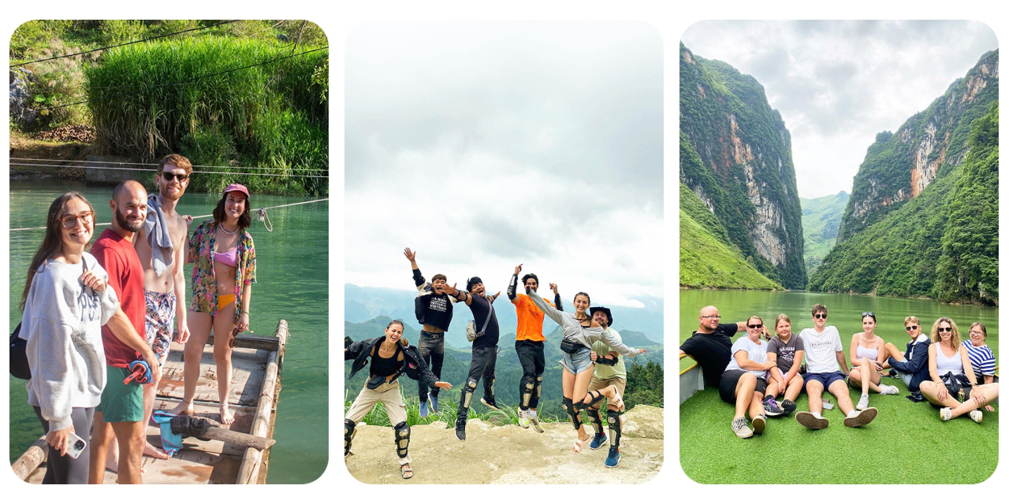 Du kh&aacute;ch tham gia tour H&agrave; Giang Loop của Lazy Cat Homestay đang chụp h&igrave;nh, nhảy vui vẻ, ch&egrave;o thuyền v&agrave; ngắm cảnh n&uacute;i s&ocirc;ng h&ugrave;ng vĩ, ghi lại những khoảnh khắc đ&aacute;ng nhớ tr&ecirc;n cung đường đ&egrave;o.