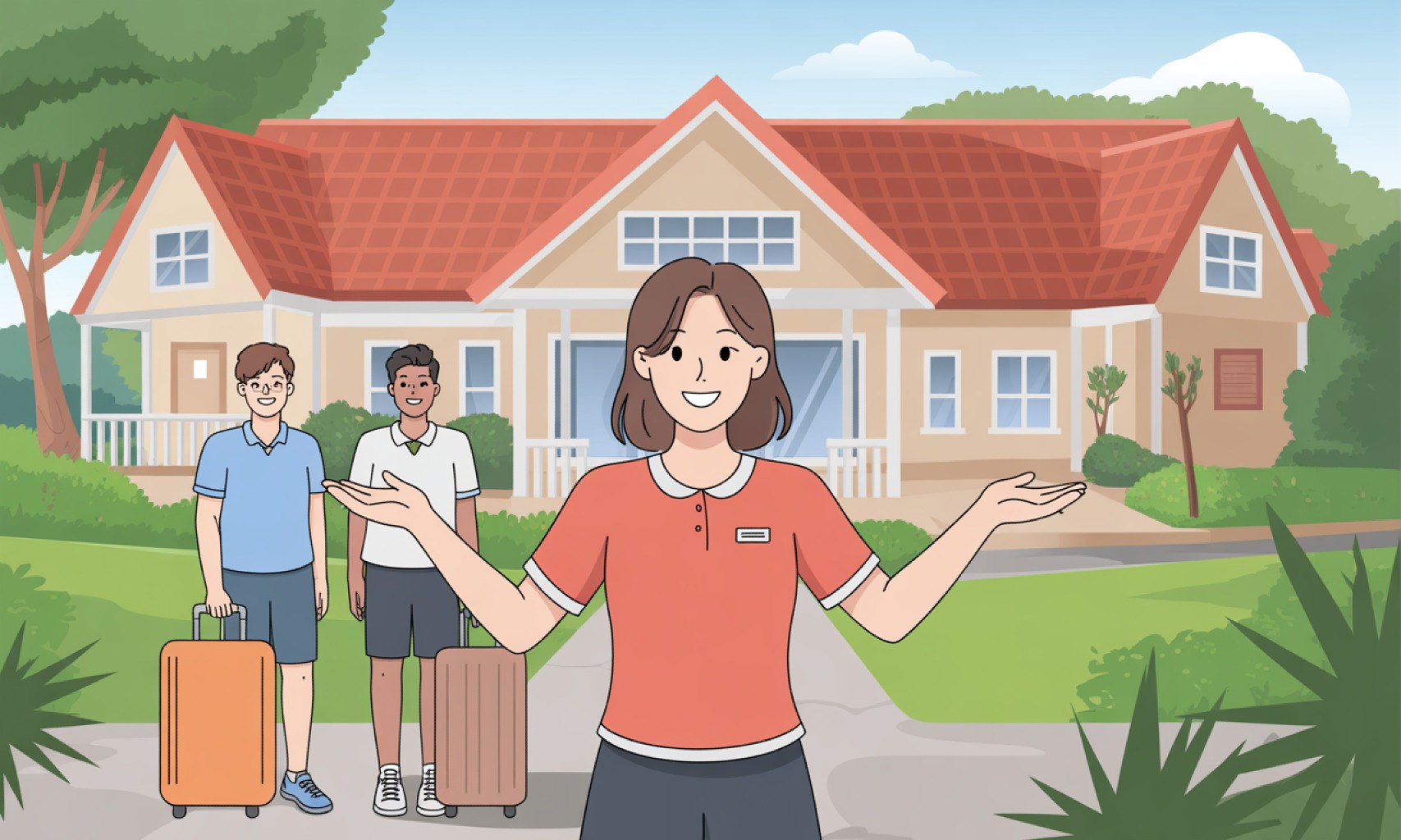 Hình ảnh một chủ nhà hoặc quản lý niềm nở chào đón khách du lịch tại căn hộ Airbnb, minh họa cho quy trình dịch vụ bài bản, từ check-in đến hỗ trợ khách lưu trú, nhằm đảm bảo trải nghiệm nhất quán.